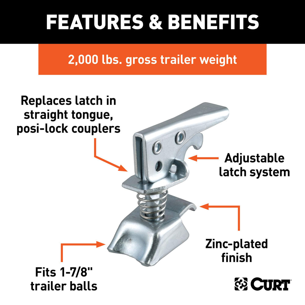 CURT Posi-Lock latch shows durable steel construction for rugged use.
