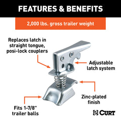 CURT Posi-Lock latch shows durable steel construction for rugged use.