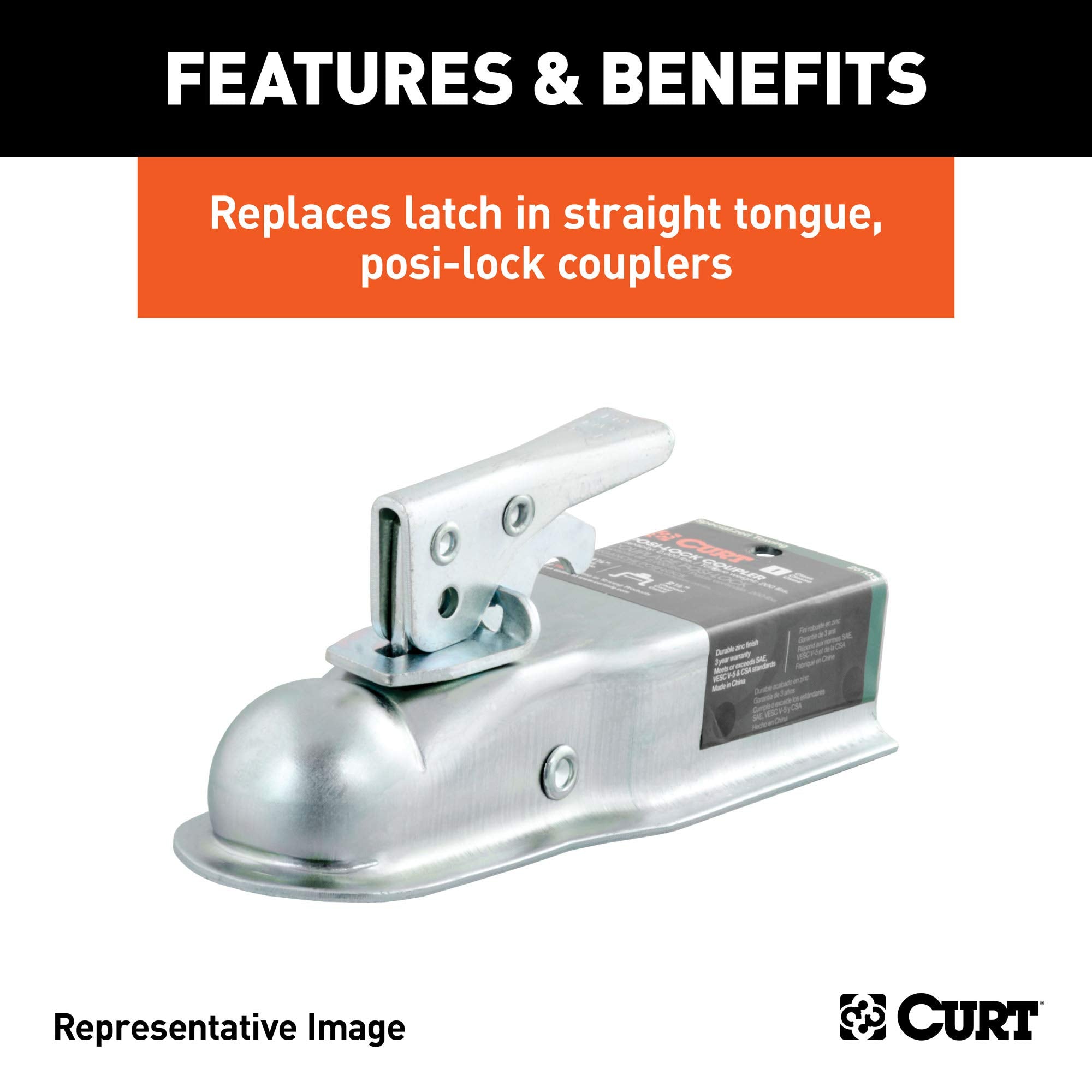 CURT Posi-Lock latch features a zinc-plated finish to resist corrosion.