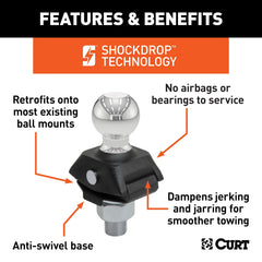 Forged steel CURT RockerBall with powder coat finish offers corrosion resistance.