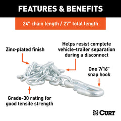 CURT safety chain link detail highlights 1/4in high-strength steel for durability.