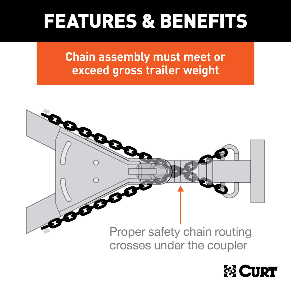 CURT ready-to-couple chain with pre-attached hook enables quick secure hookup.