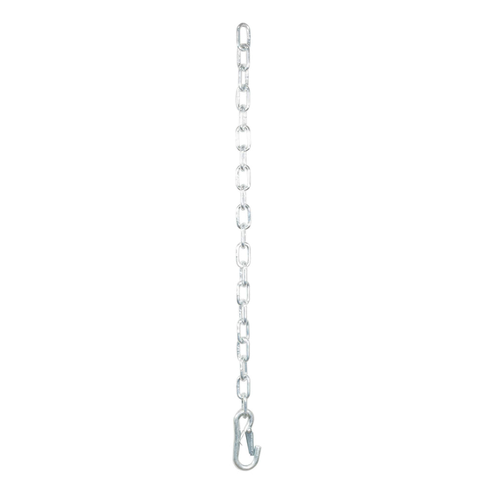 CURT safety chain snap-hook closeup showing reinforced latch for reliable coupling on rough roads.