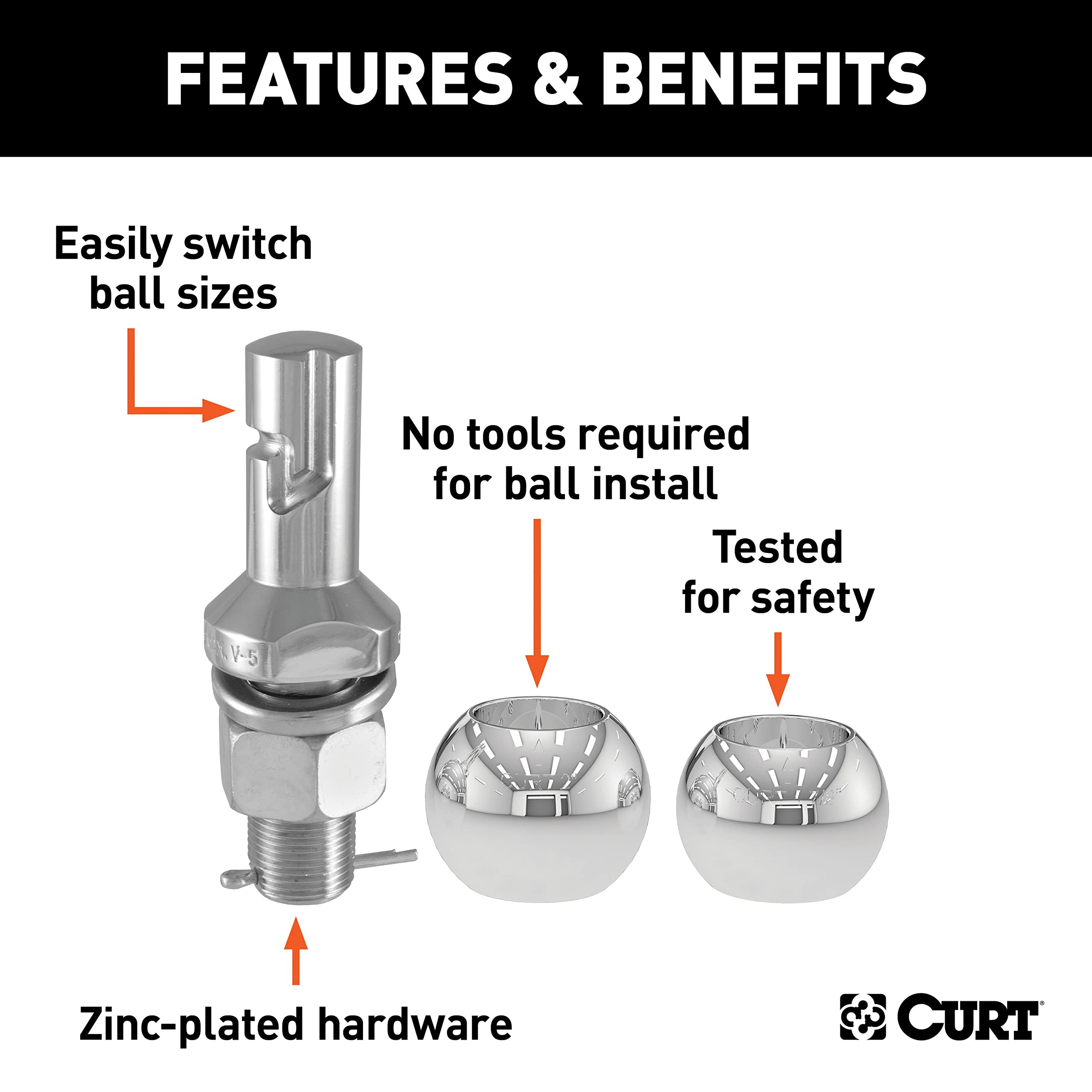 CURT Switch Ball shank 2-1/4 inch long enables secure mounting and reduces friction.