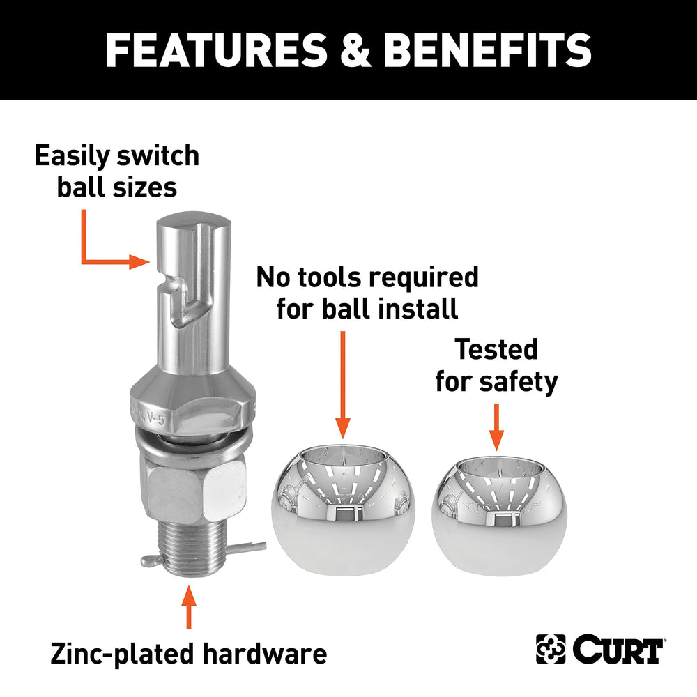 CURT Switch Ball shank 2-1/4 inch long enables secure mounting and reduces friction.