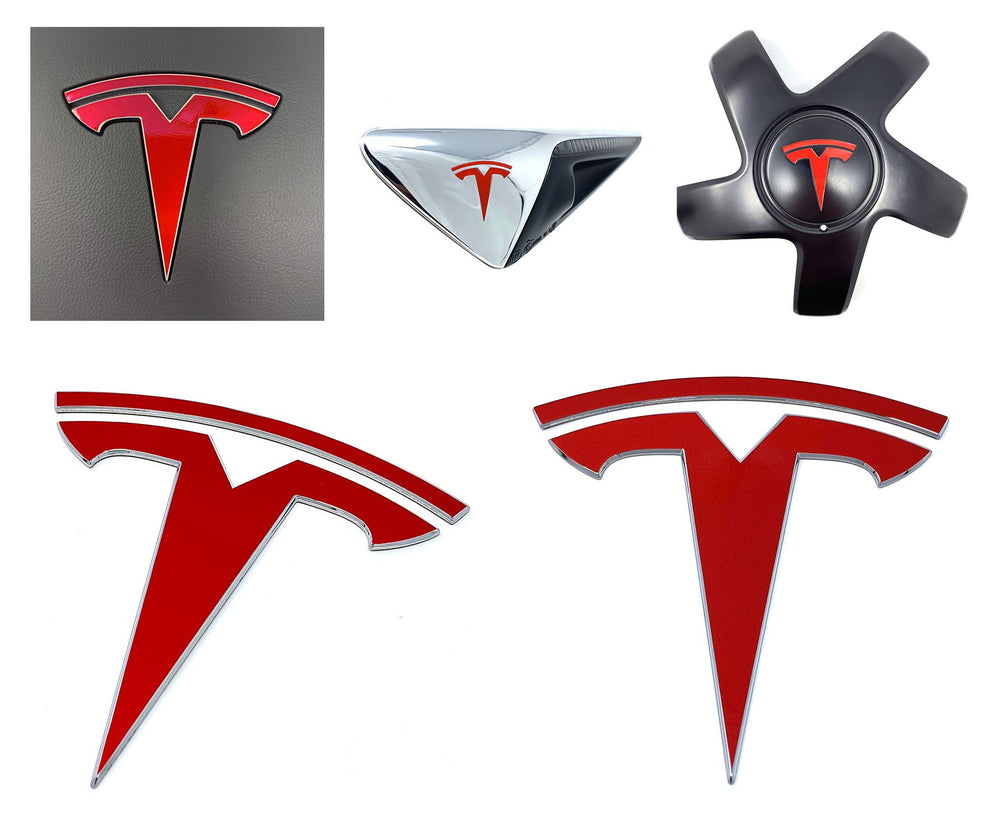 Custom Cut Graphics logo decal overlay on Frunk enhances chrome with a glossy red finish