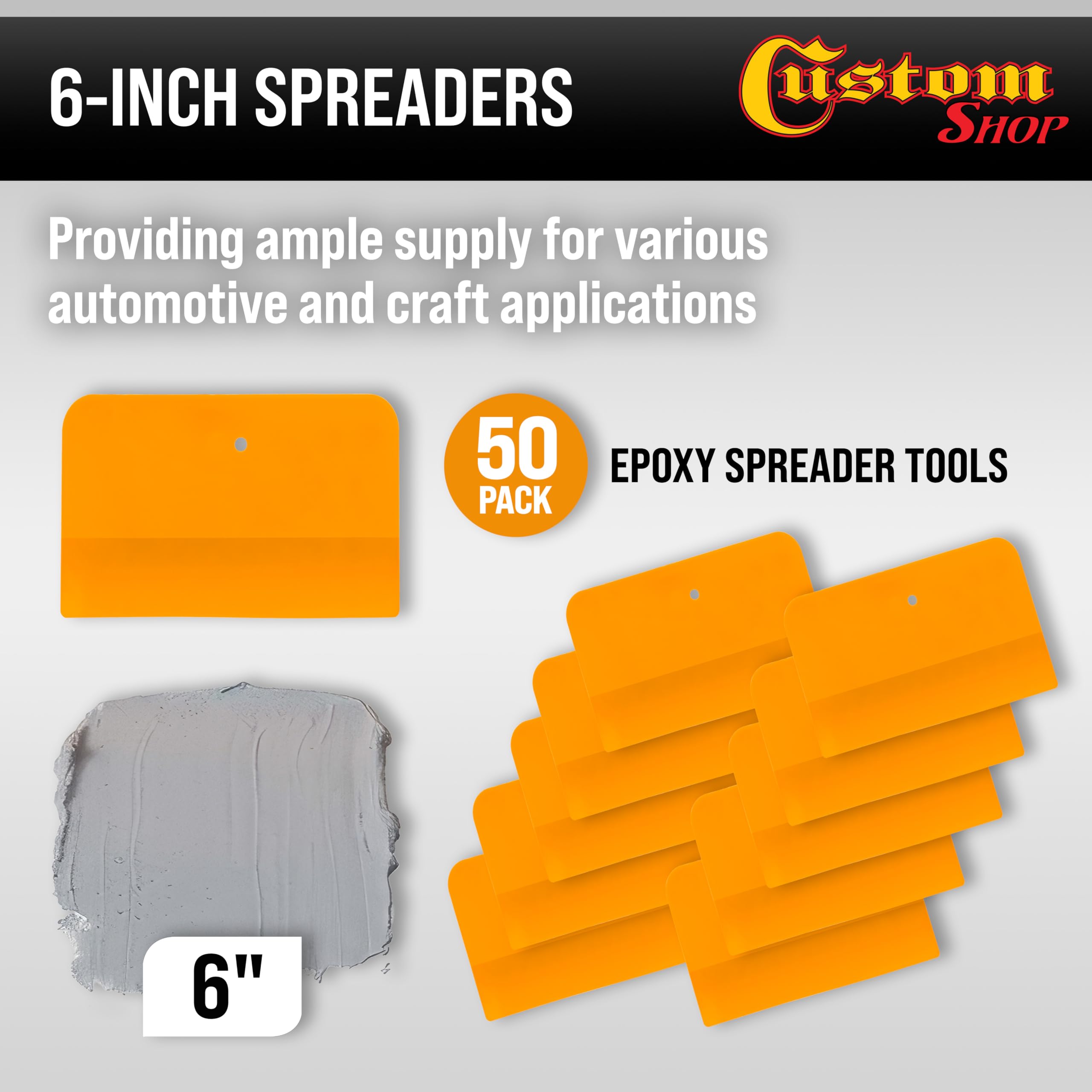 Custom Shop 50-pack spreaders kept ready for auto repairs and crafting projects.