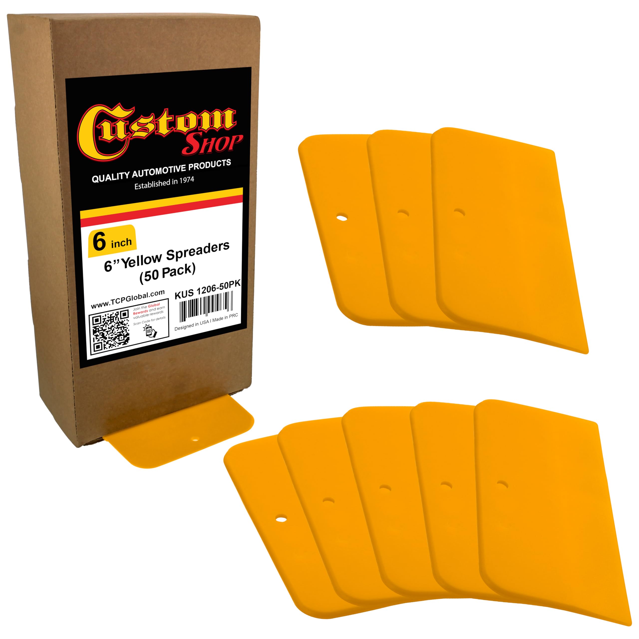 Custom Shop 6-inch plastic spreader with flat edge for smooth body filler application.
