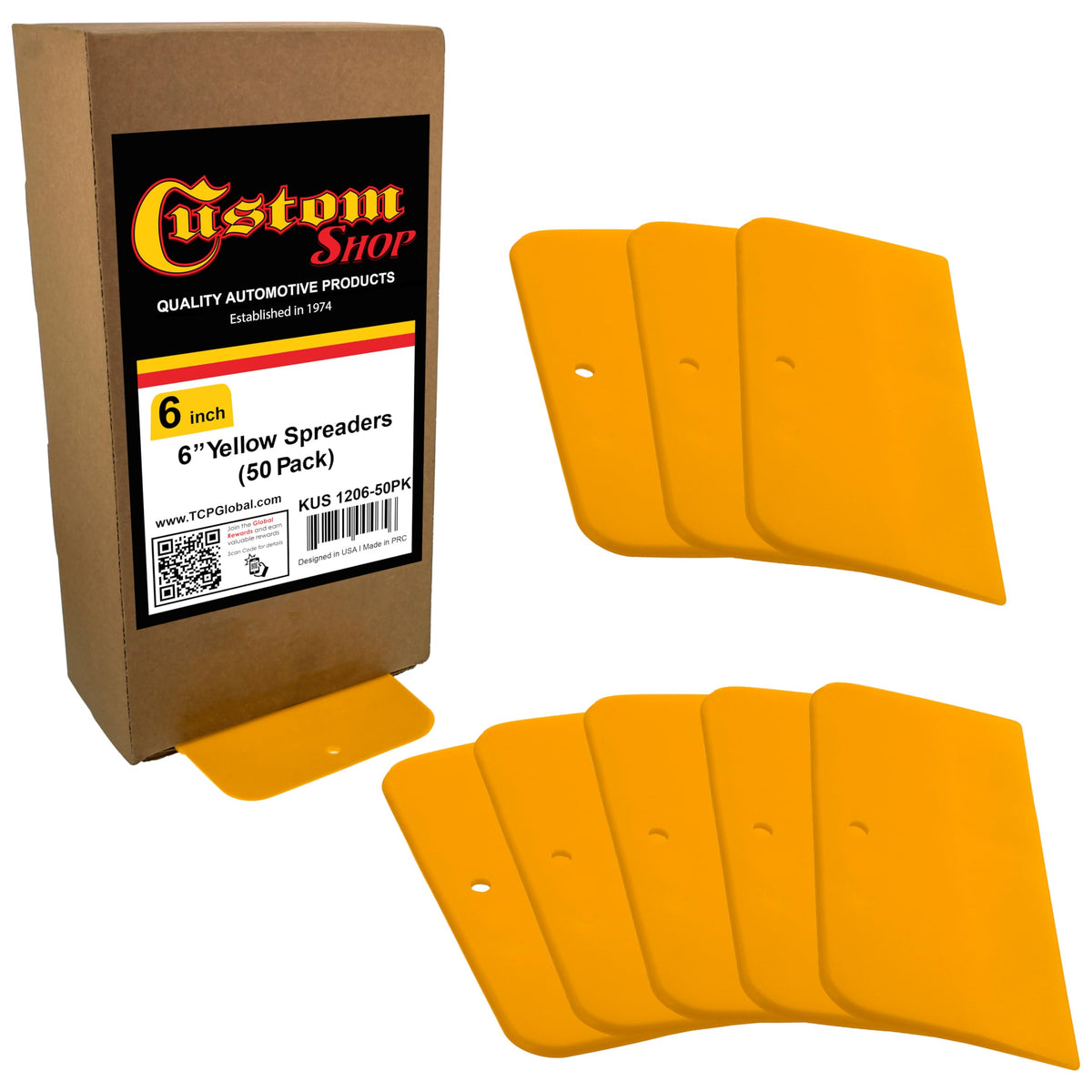 Custom Shop 6-inch plastic spreader with flat edge for smooth body filler application.