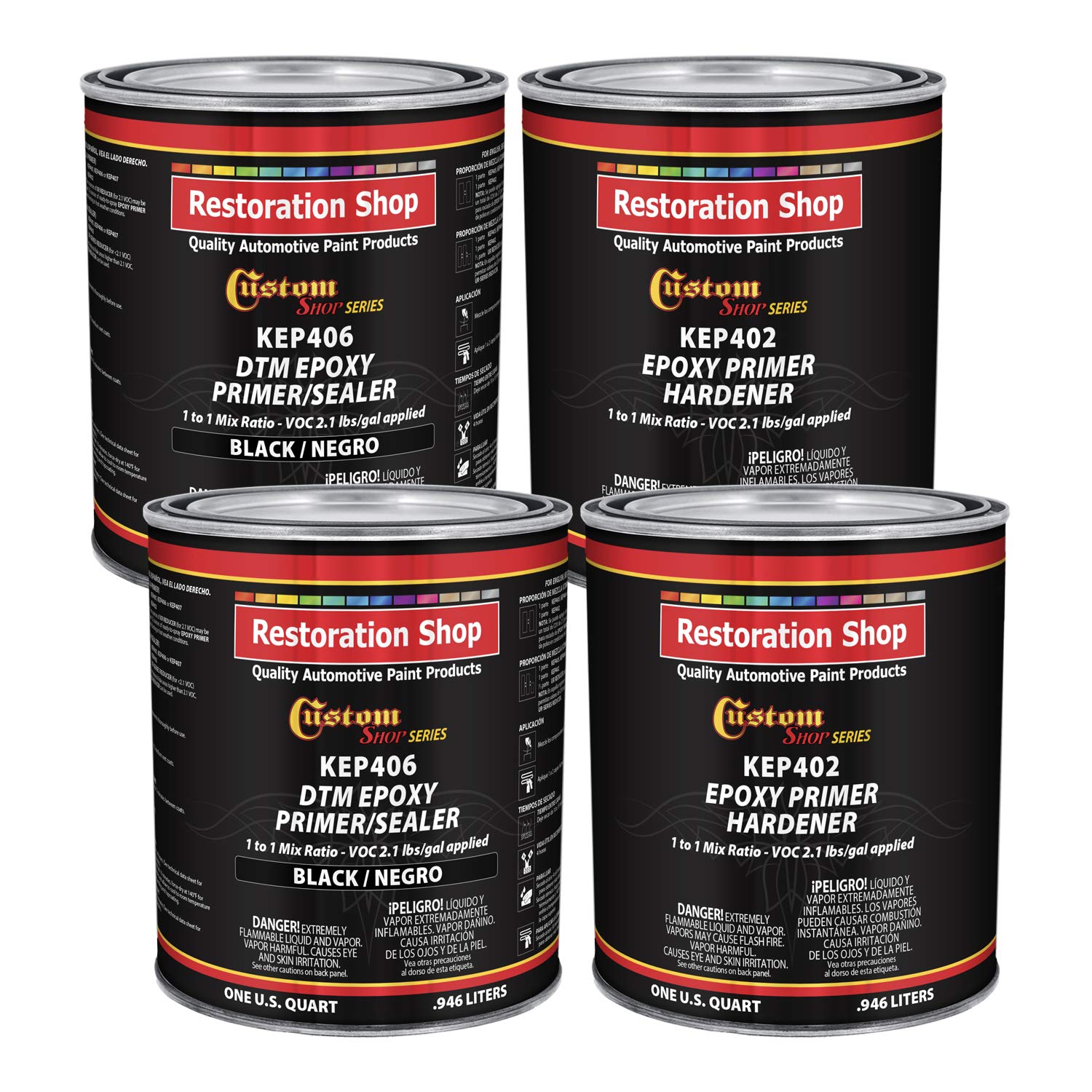 Custom Shop KEP epoxy primer kit packaging with primers and hardener.