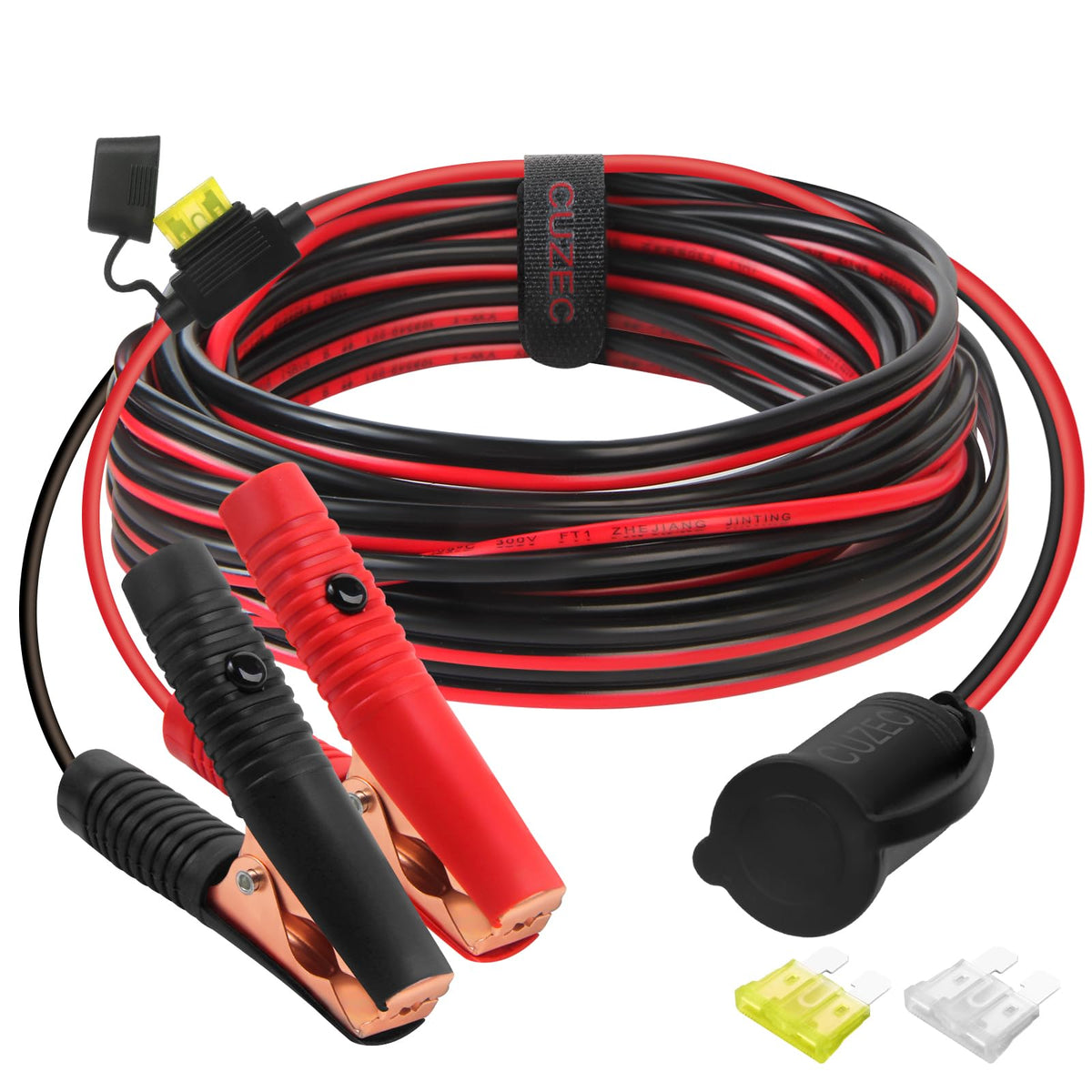 CUZEC battery clamp and cigarette lighter connector powering devices safely