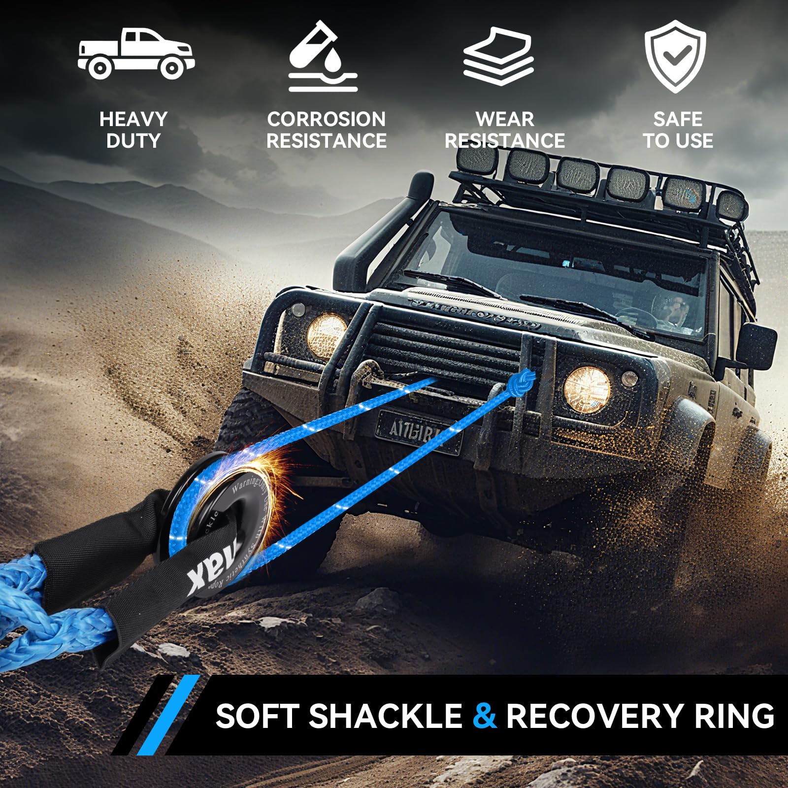 Cvoahax blue soft shackle recovery ring highlights aluminum design and high-strength performance