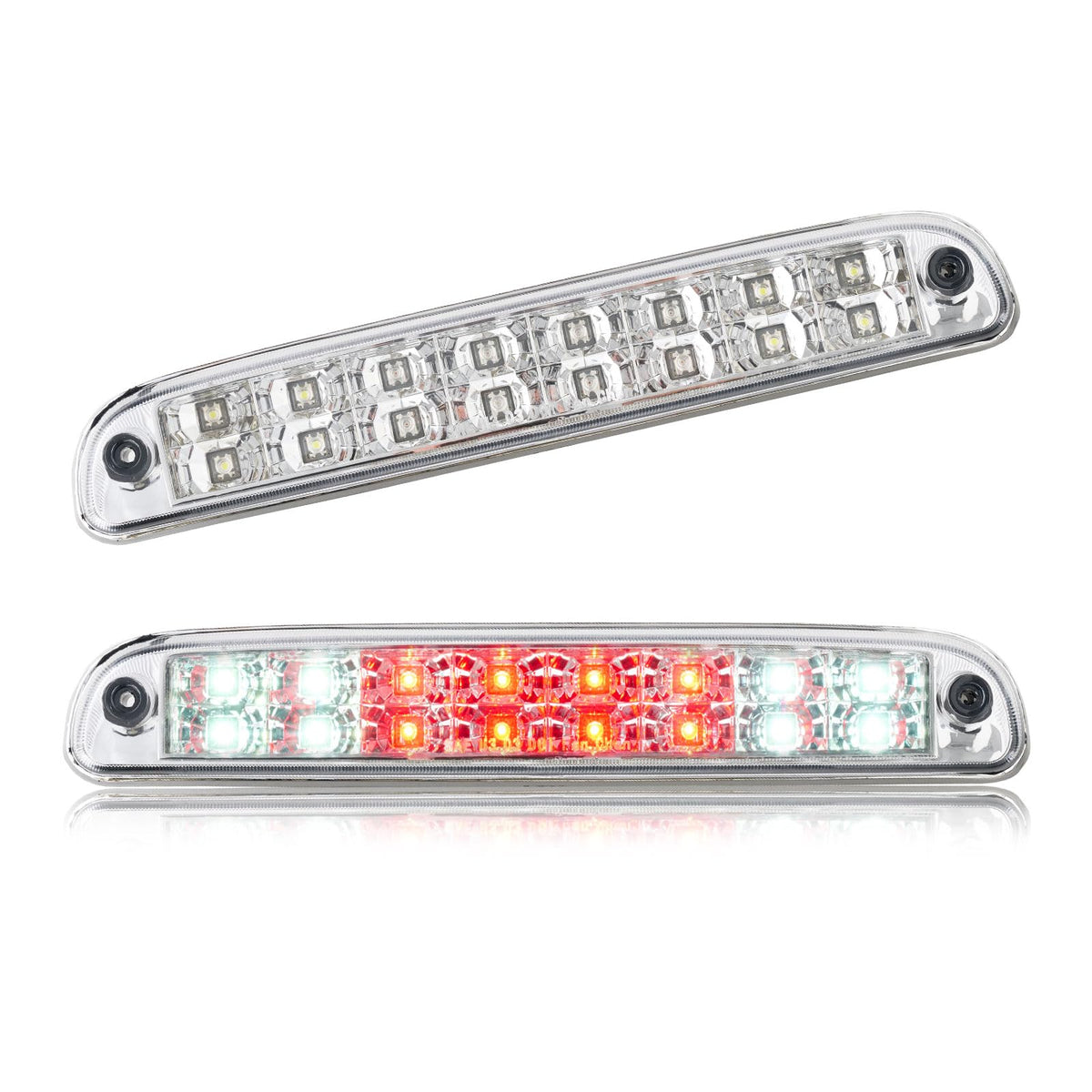 Cxdar third brake light assembly, front view with chrome housing and dual-row LEDs.