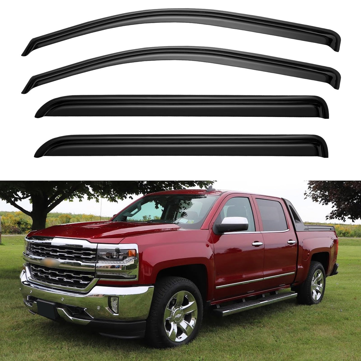 Cxdar window rain guard for Silverado 1500 Crew Cab deflects rain while air flows.
