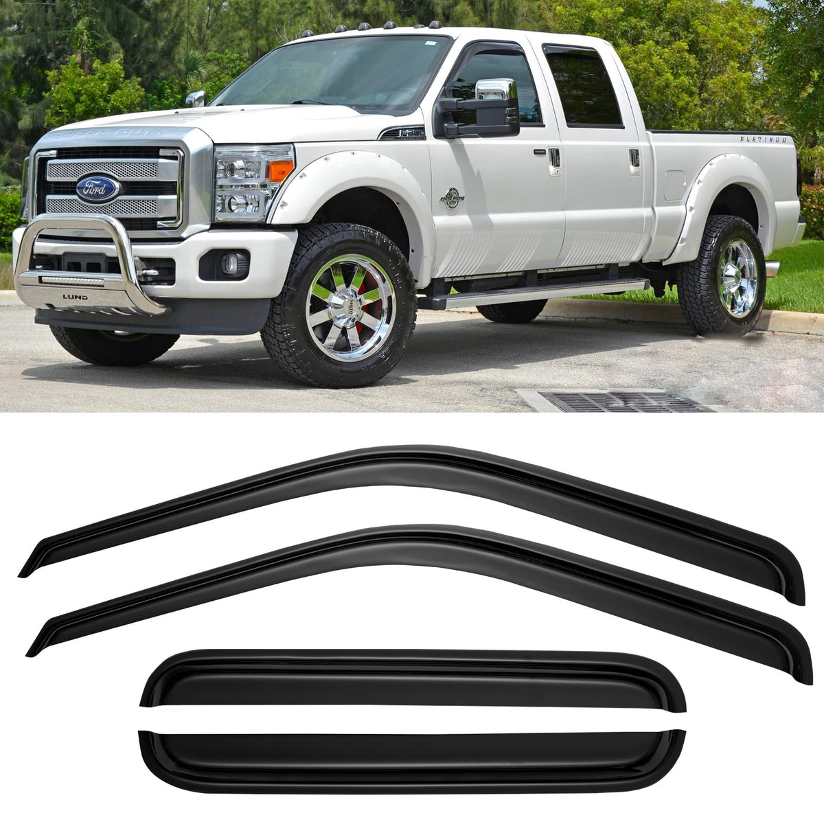 Cxdar window rain guards on the Ford F-Series SuperCrew left front door for rain protection while driving.