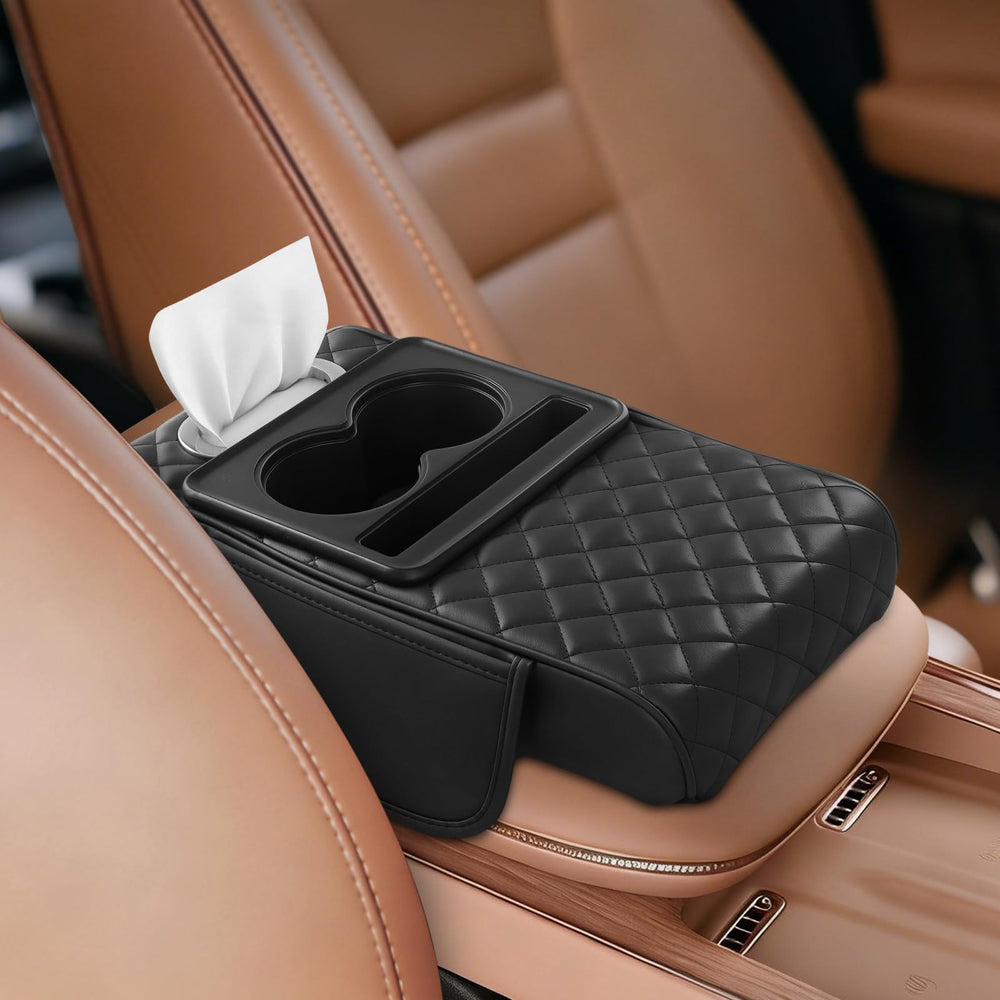Cxprctpu 5-in-1 console cover with cup holder keeps drinks secure on the go.