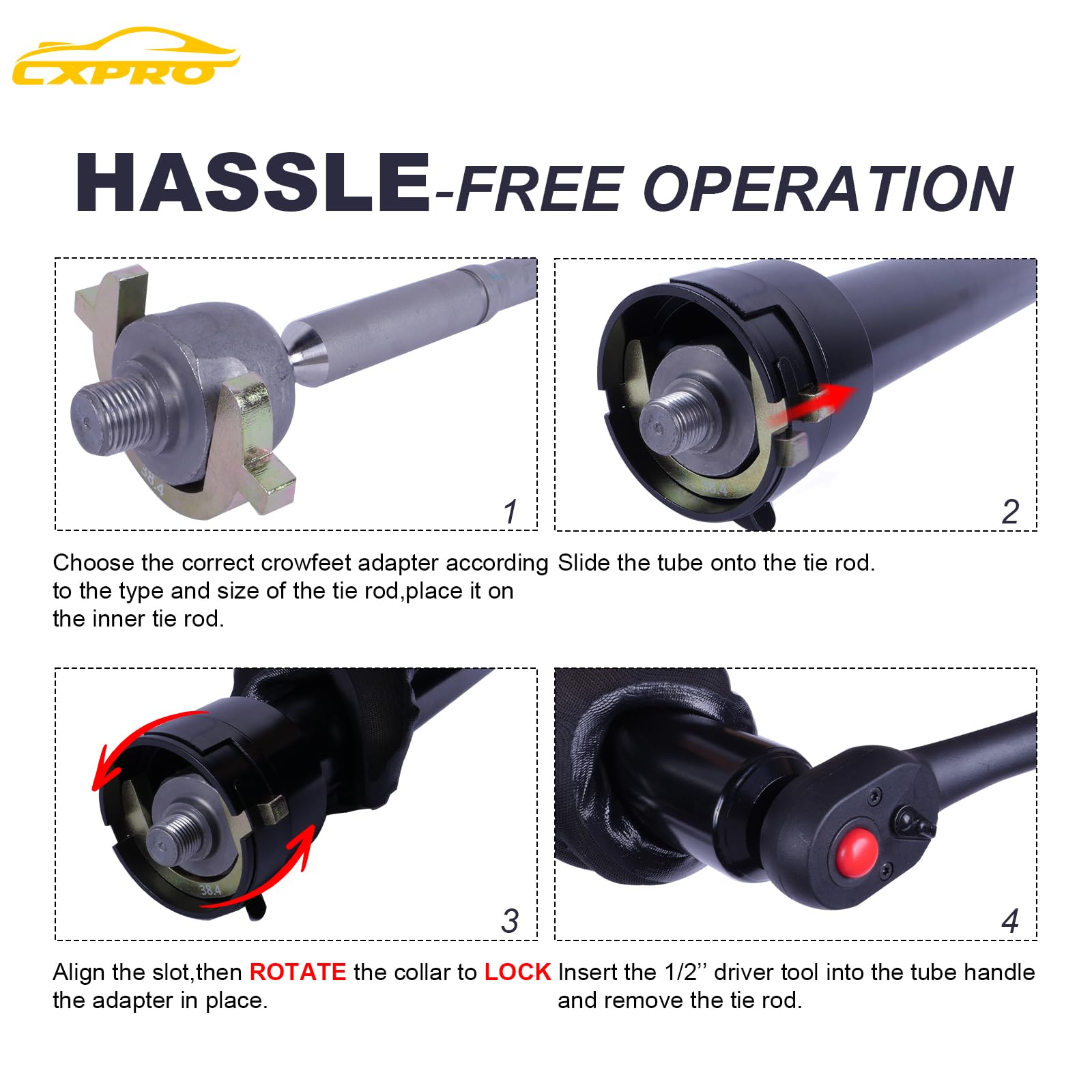 CXPRO kit in action showing versatility across inner tie rod sizes.