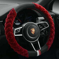 Cxtiy plush steering wheel cover burgundy, front view, warm grip for winter drives.