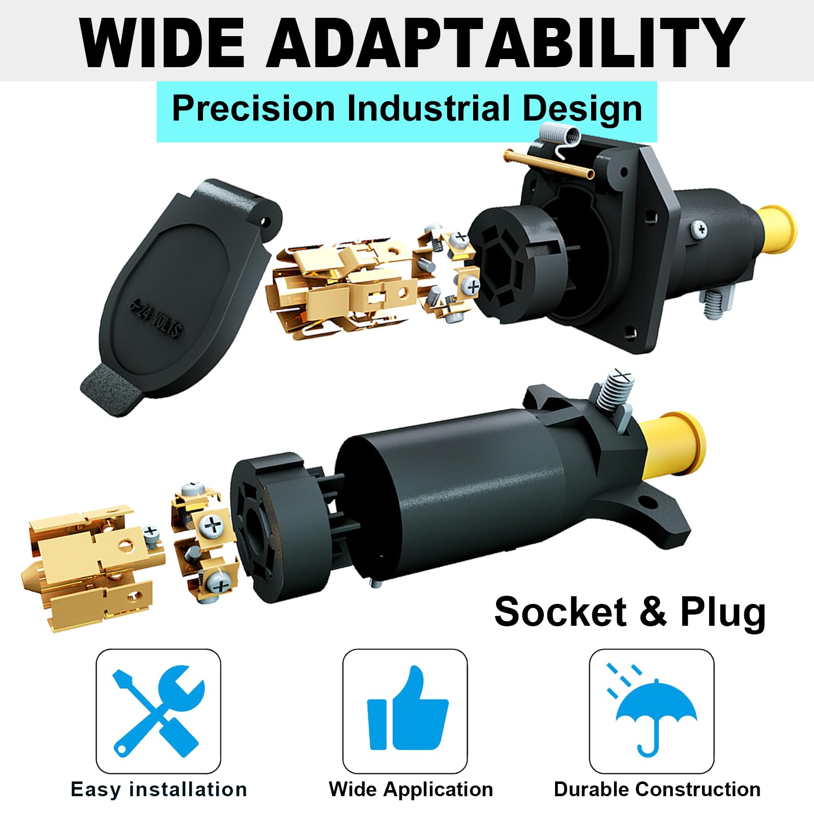 CXTM 7-way blade trailer socket showing compatibility with trailers.