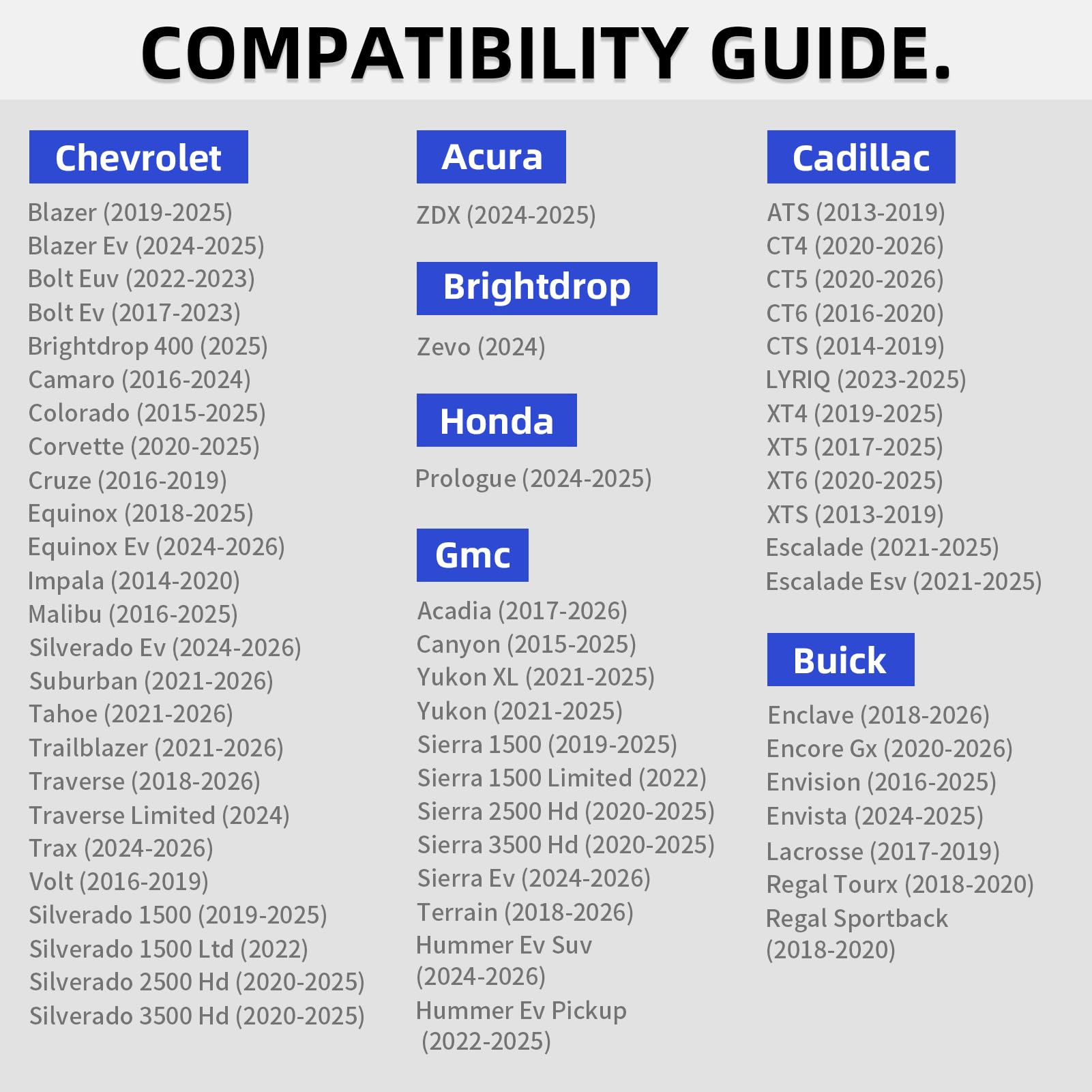 CYBERBEANS CF11966 compatibility chart for Silverado and Sierra fit