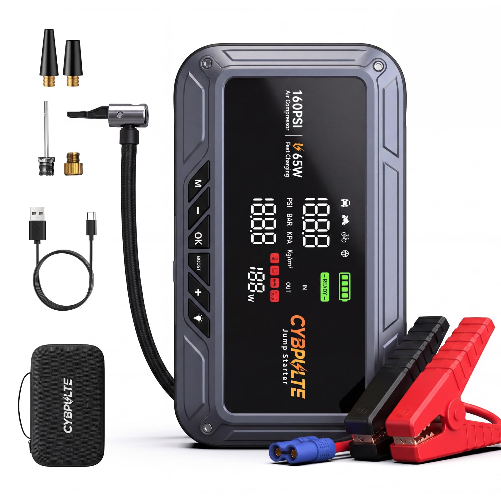 CYBPULTE jump starter with air compressor for quick roadside boosts.