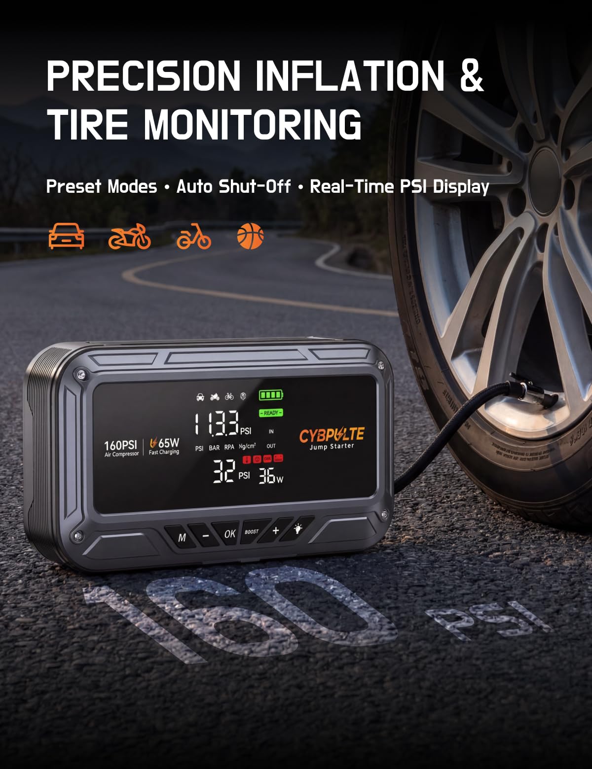 CYBPULTE LCD display shows battery and pressure status at a glance.