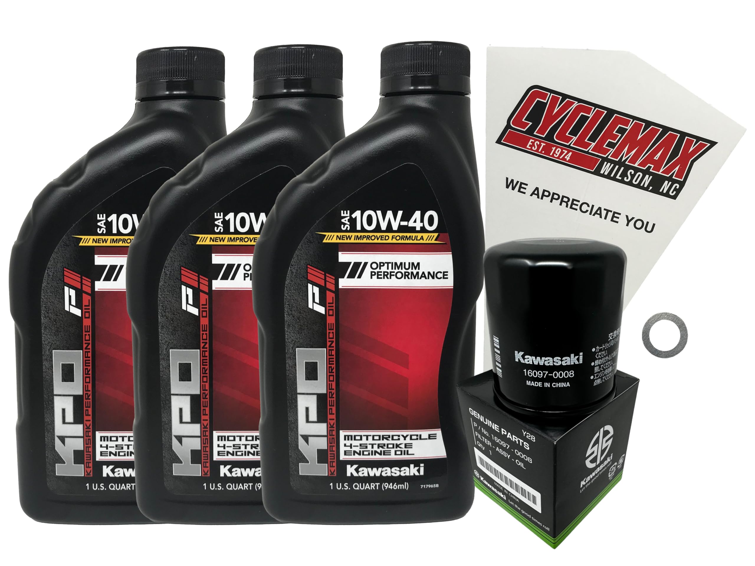 Cyclemax Oil Change Kit for Kawasaki Ninja 400 — oil bottle being poured for easy maintenance.