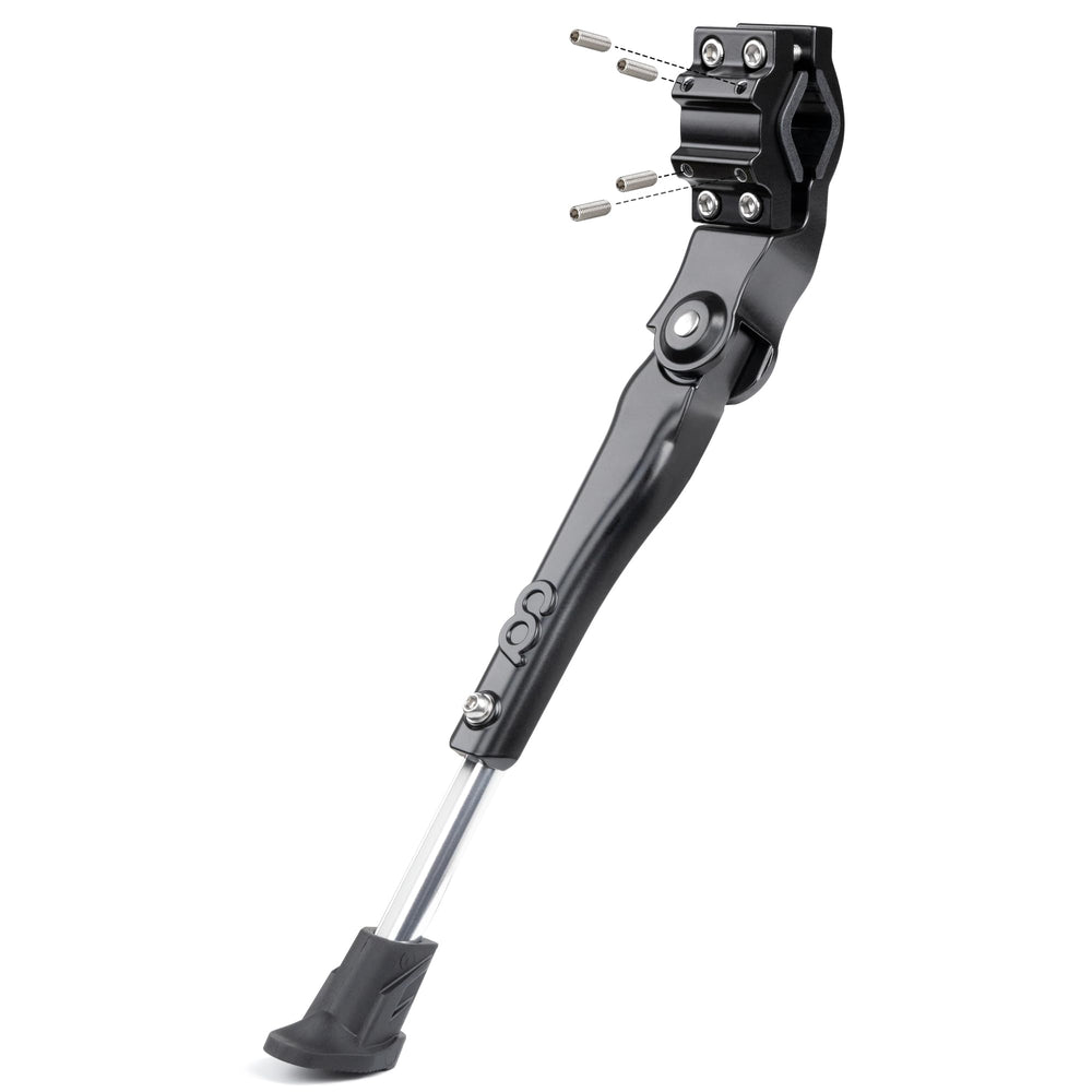 CyclingDeal rear kickstand close-up highlighting the four-bolt patent clamp for stability