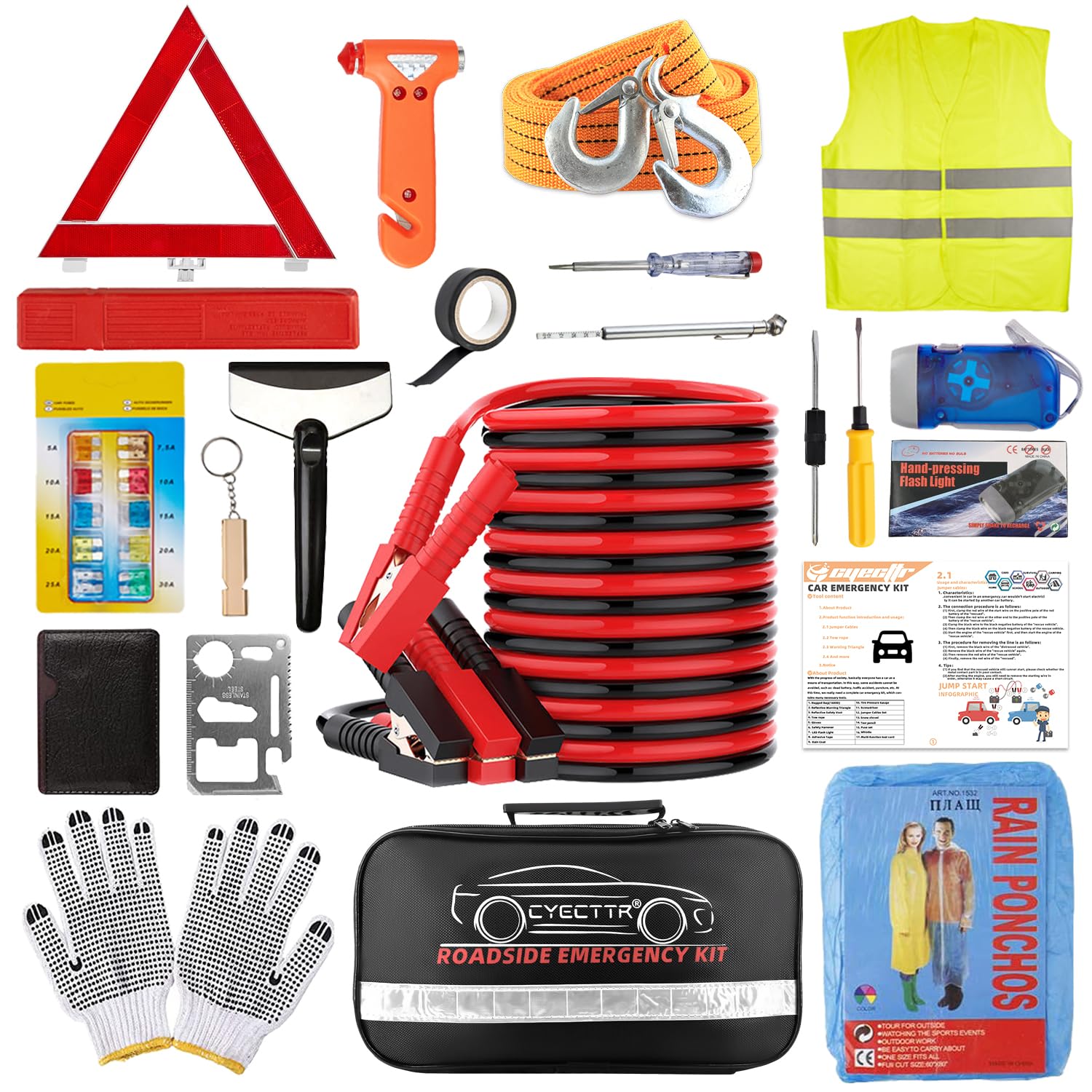 CYECTTR car emergency kit with jumper cables for reliable jump starts