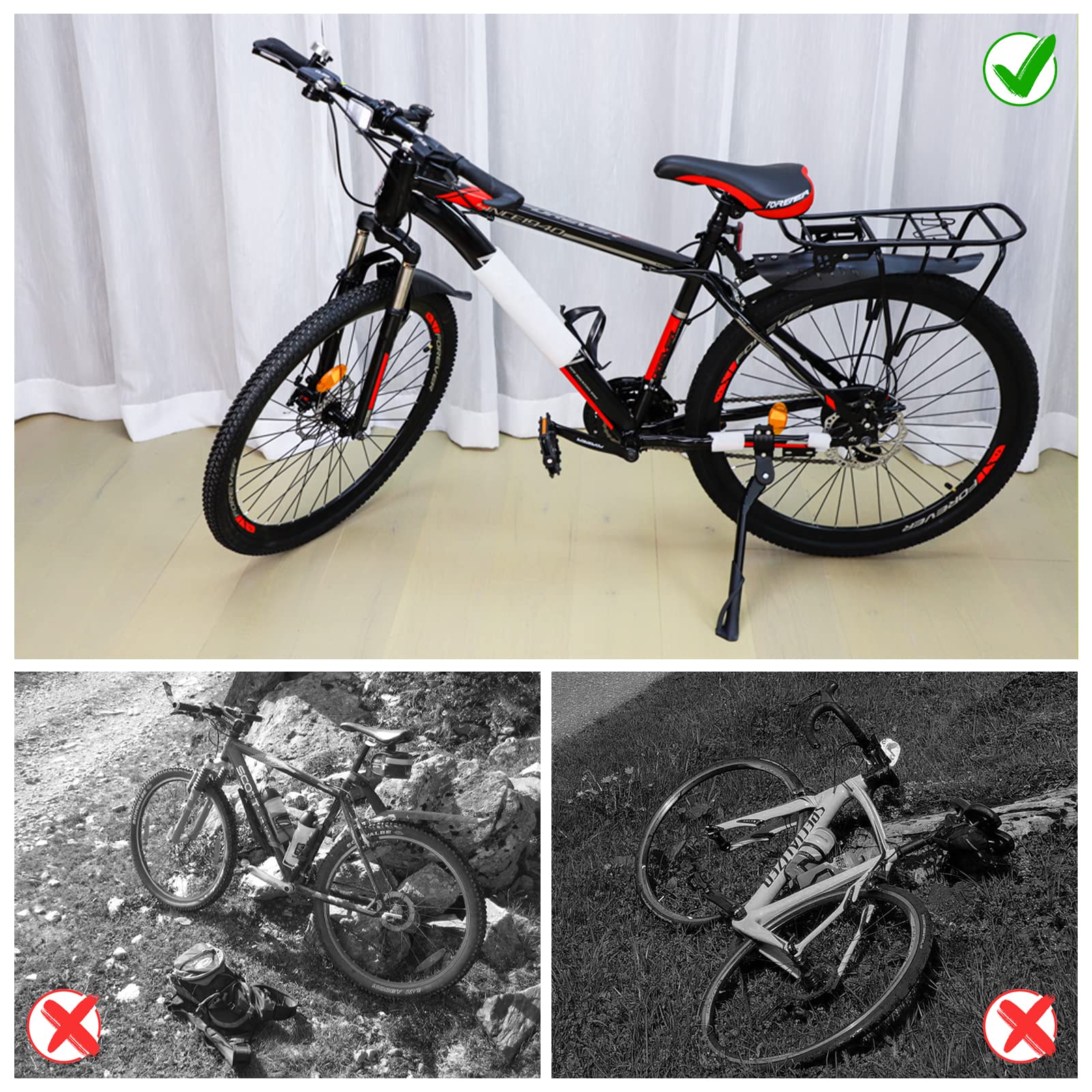 Cyfie bike kickstand stable parking on grass, dirt and uneven ground.