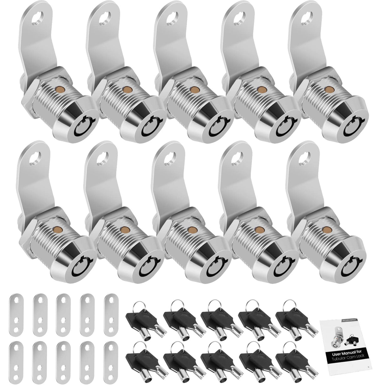 Cylinnda 10-pack lock set with keys securing RV storage cabinets.