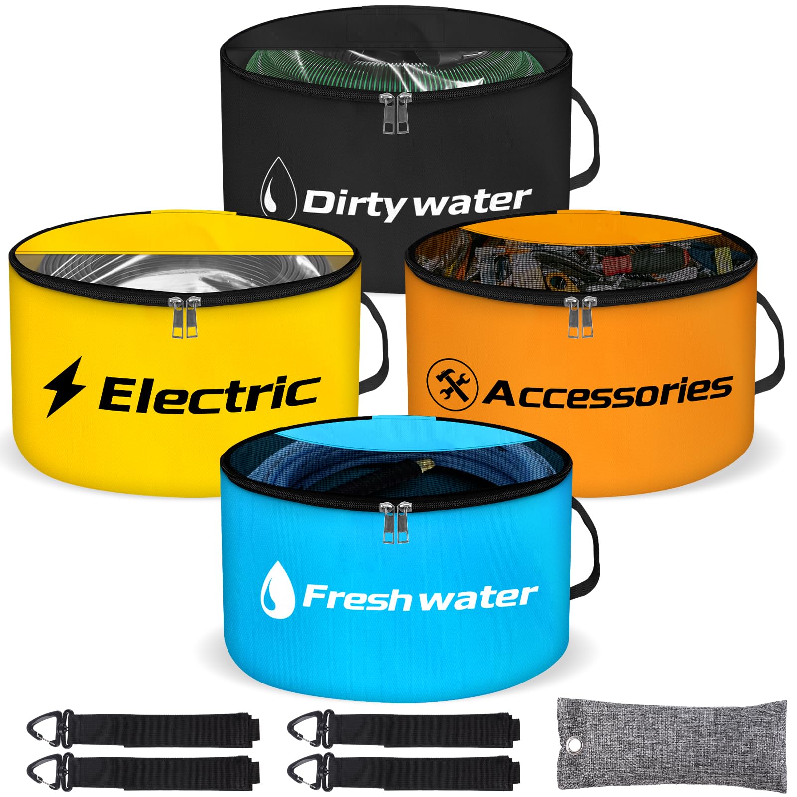 Cyrico RV hose storage 4-pack with visible cover keeps hoses organized and easy to locate.
