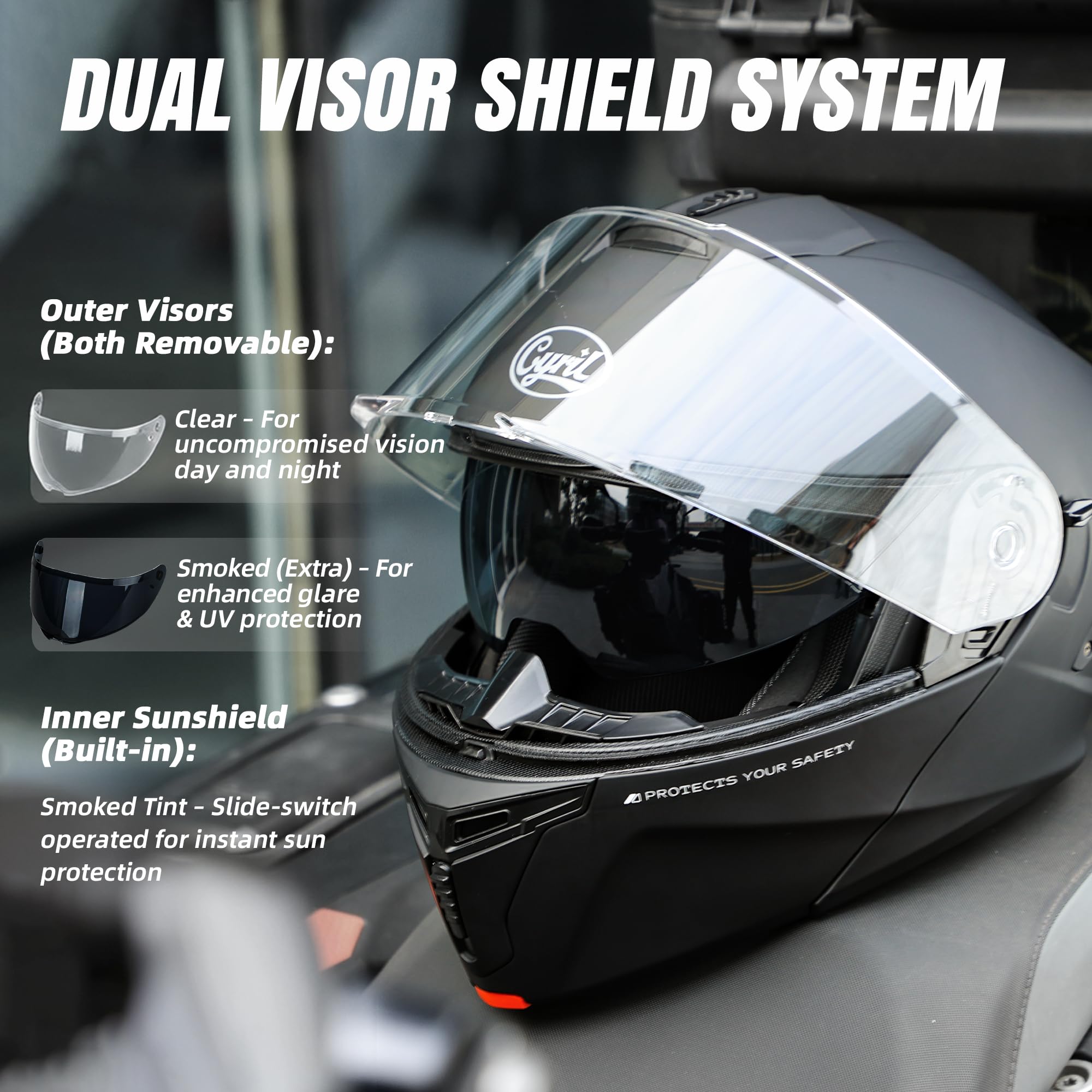 CYRIL modular helmet open-face conversion in action for ventilation and conversation