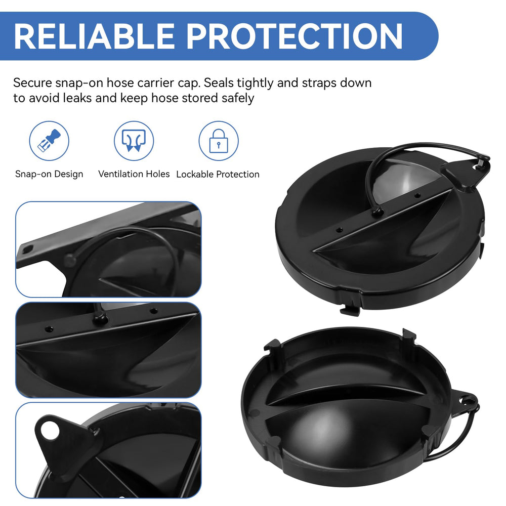 Black ABS end cap fits securely on RV sewer hose carrier.