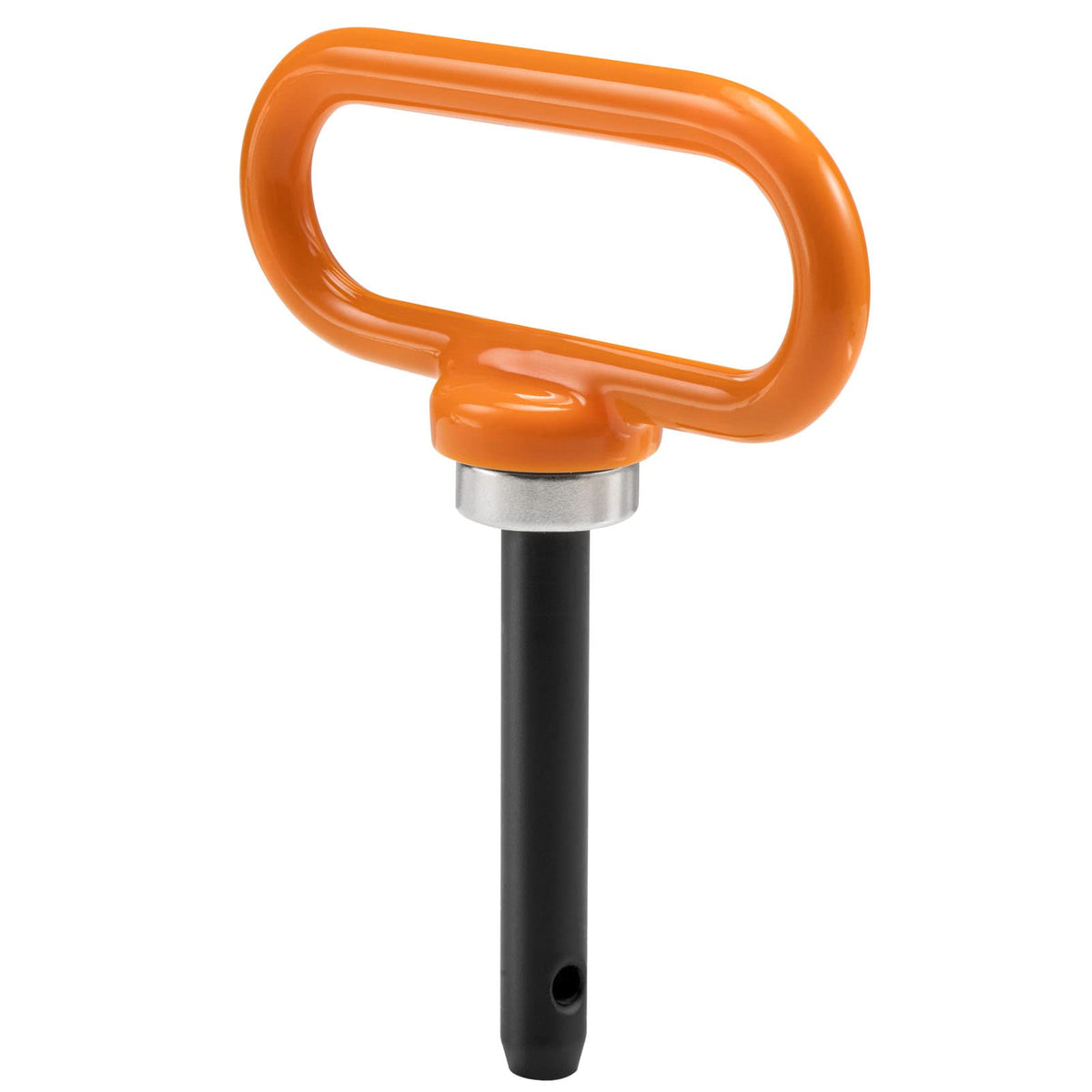 CZC AUTO half-inch orange magnetic hitch pin installed on a lawn mower hitch for quick secure connection.