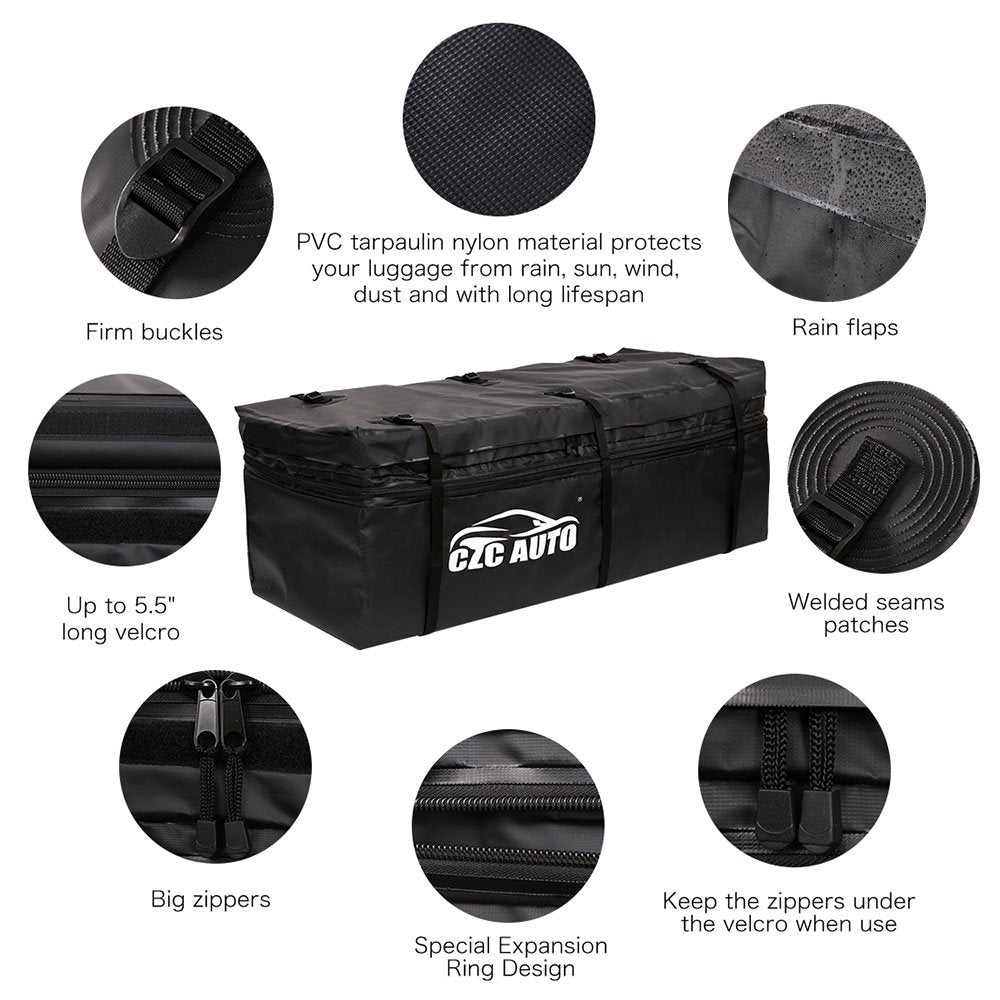 CZC AUTO weatherproof hitch cargo bag protecting luggage from rain and snow