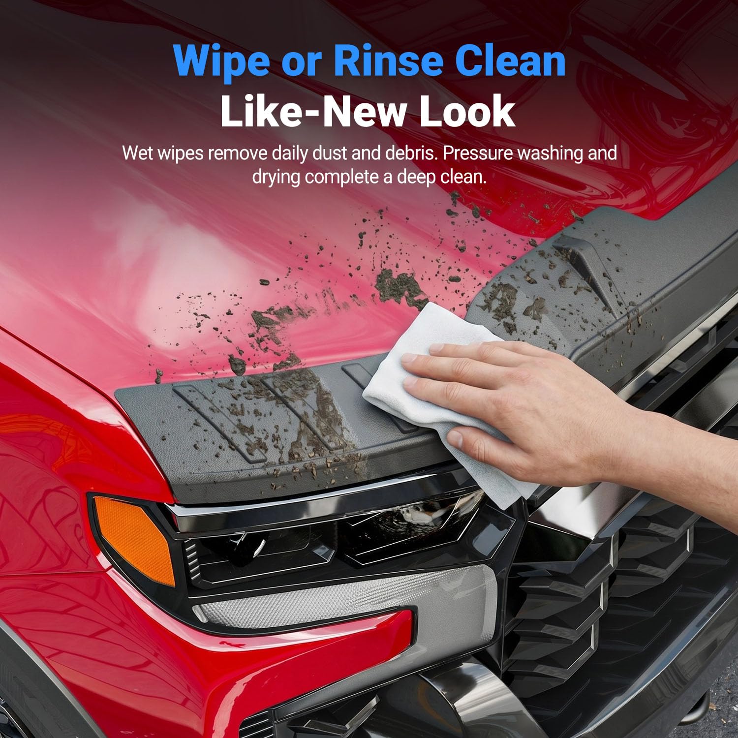 CZmenghe Silverado hood deflector installed on the hood demonstrates simple tape installation.