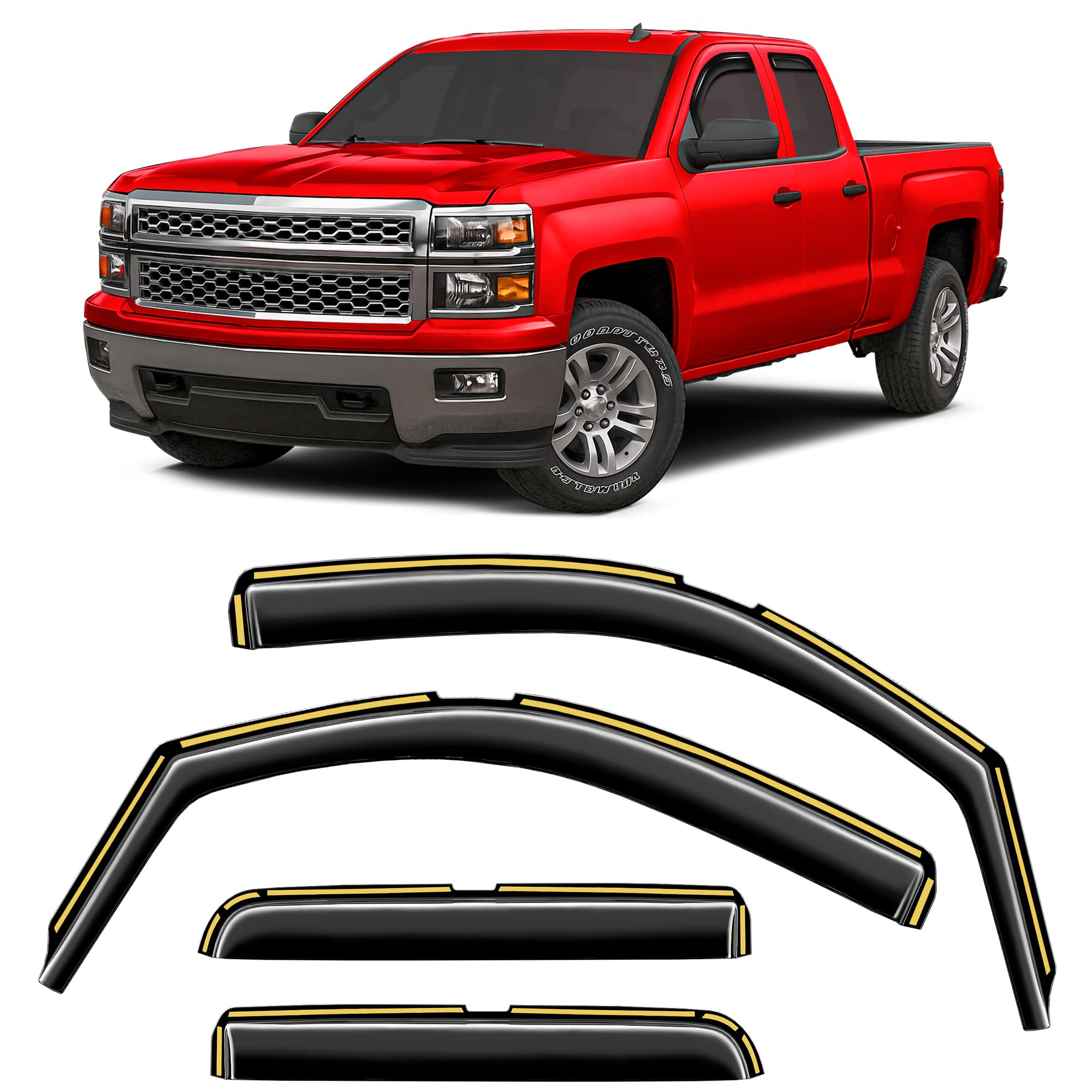 CZShiYue in-channel rain guards installed on Silverado crew cab protect the cabin from rain.