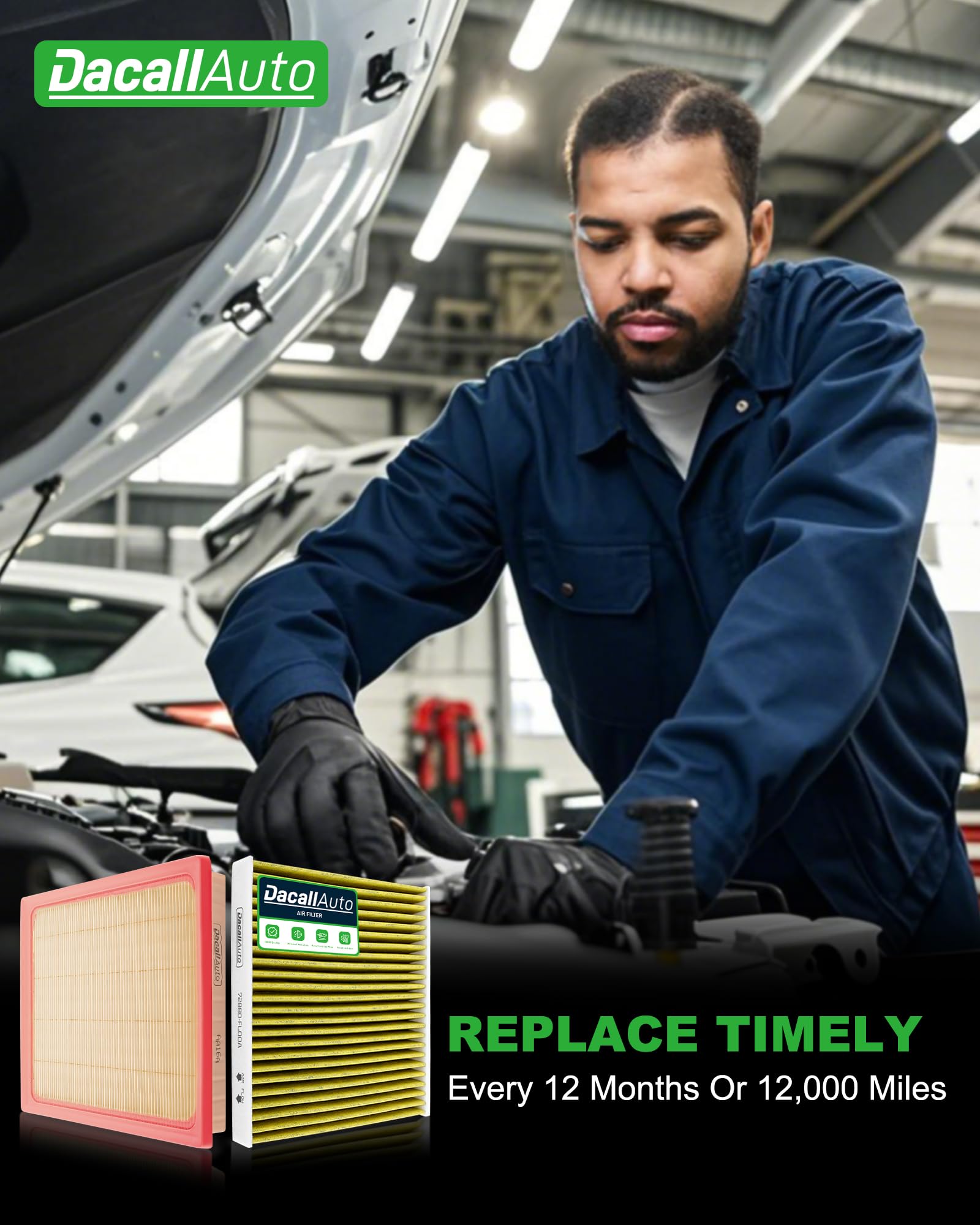 Dacall carbon layer emphasizes odor reduction in cabin filtration.