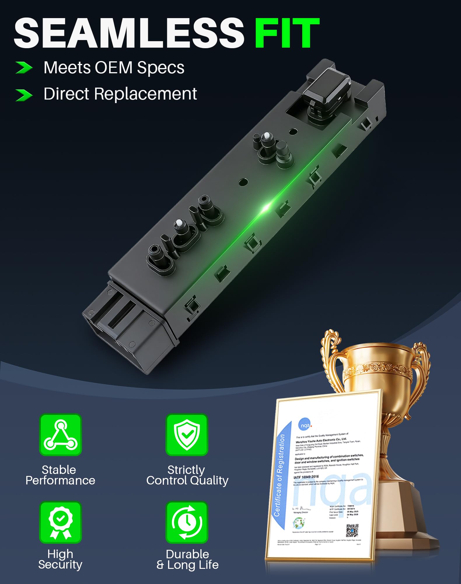 Dacall Ford F-150 driver switch emphasizes plug-and-play replacement.