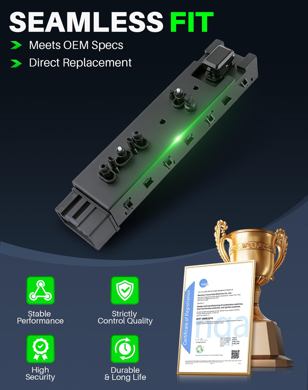 Dacall Ford F-150 driver switch emphasizes plug-and-play replacement.
