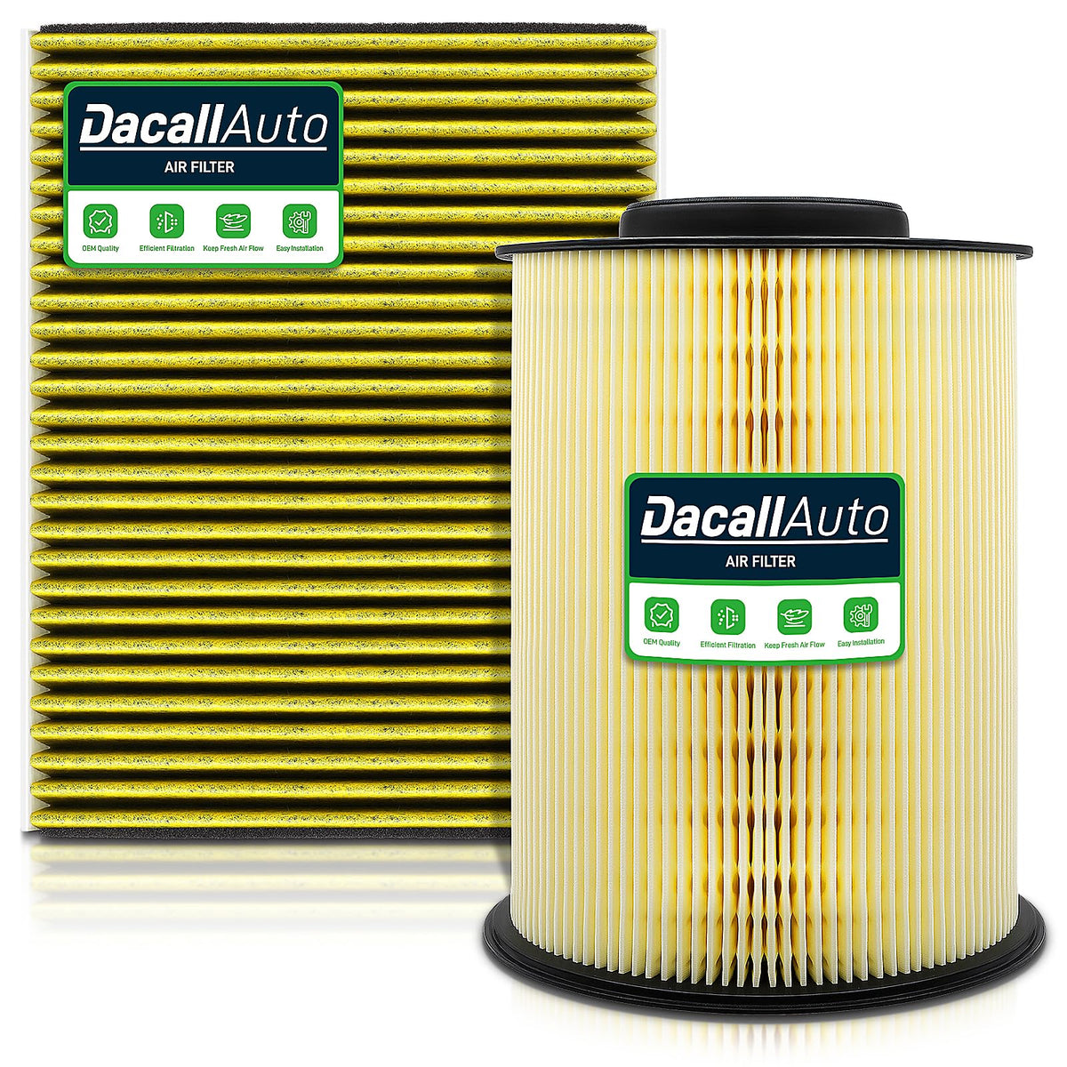 Dacall engine and cabin filter set for Ford Escape package showing compatibility and savings.