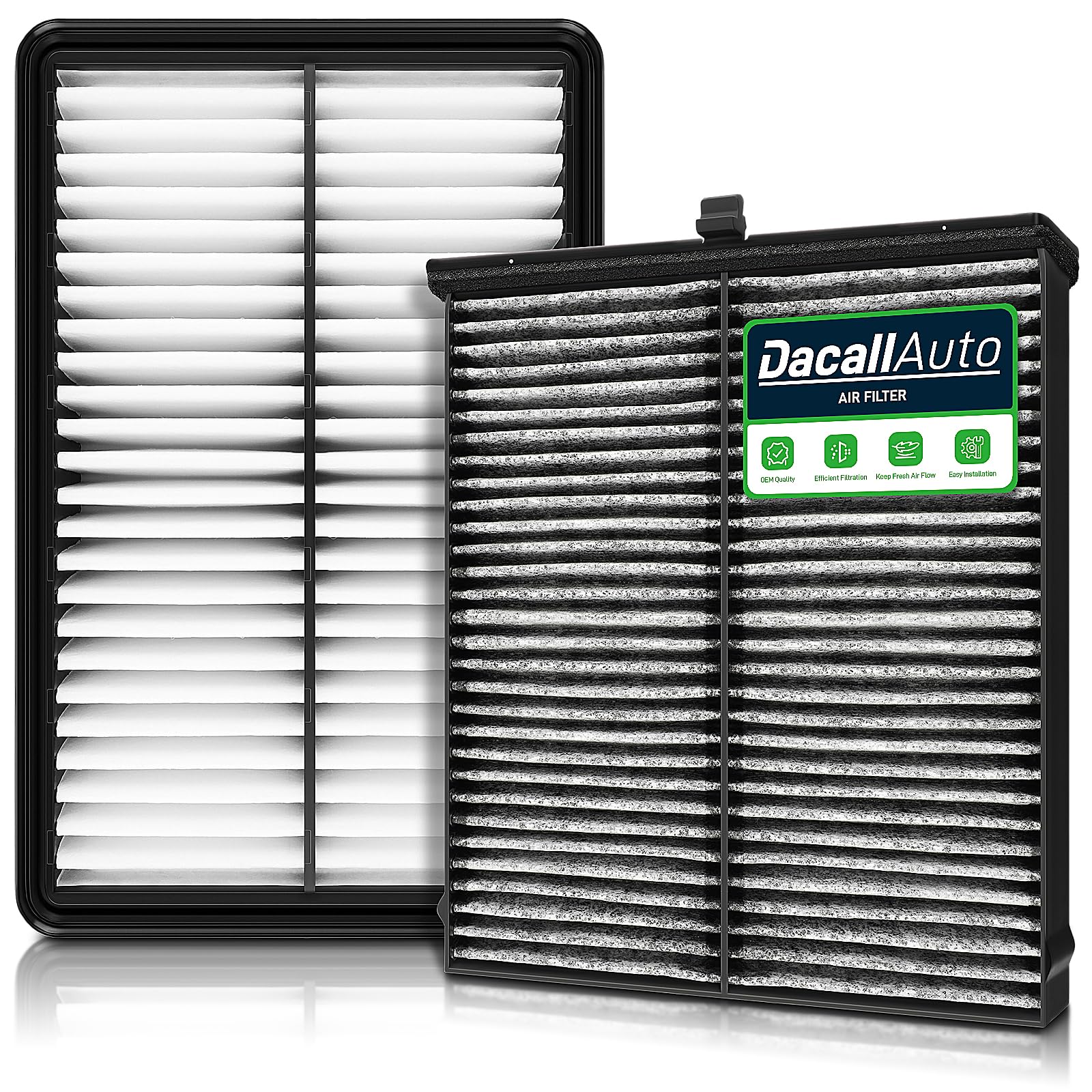 Dacall engine and cabin filter set for Mazda 3 packaging highlights compatibility and value.