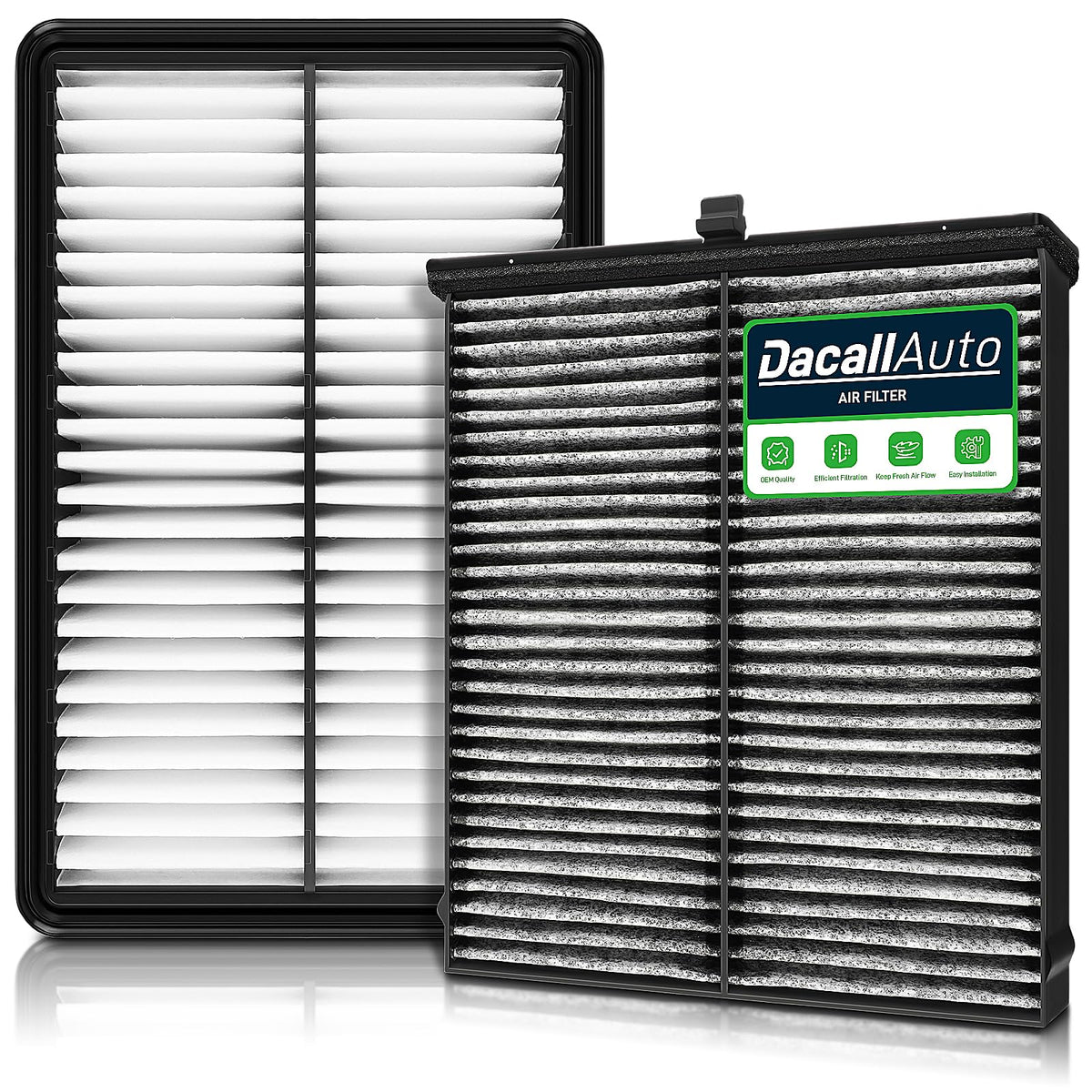 Dacall engine and cabin filter set for Mazda 3 packaging highlights compatibility and value.