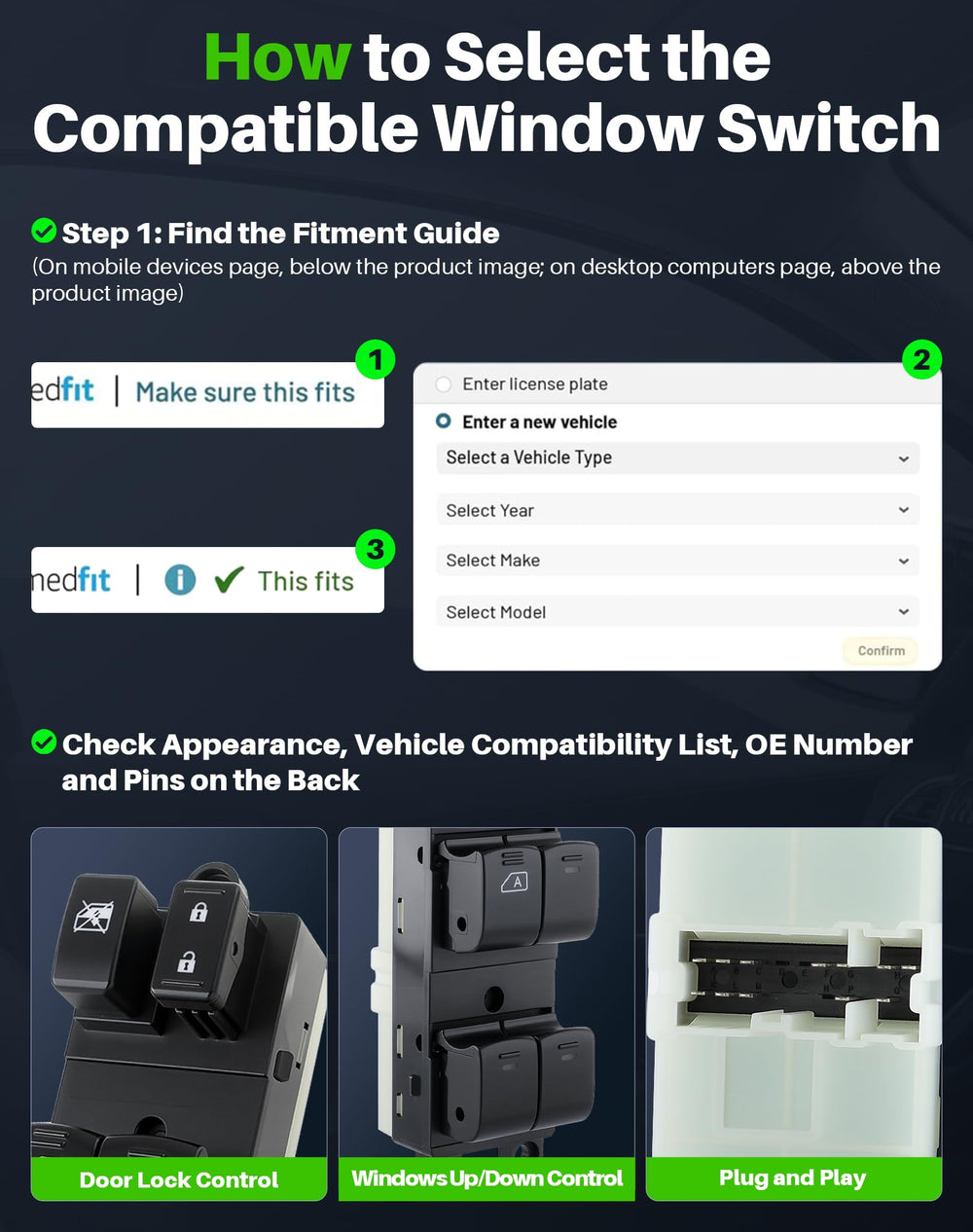 Dacall switch front-left with auto up/down feature highlighted