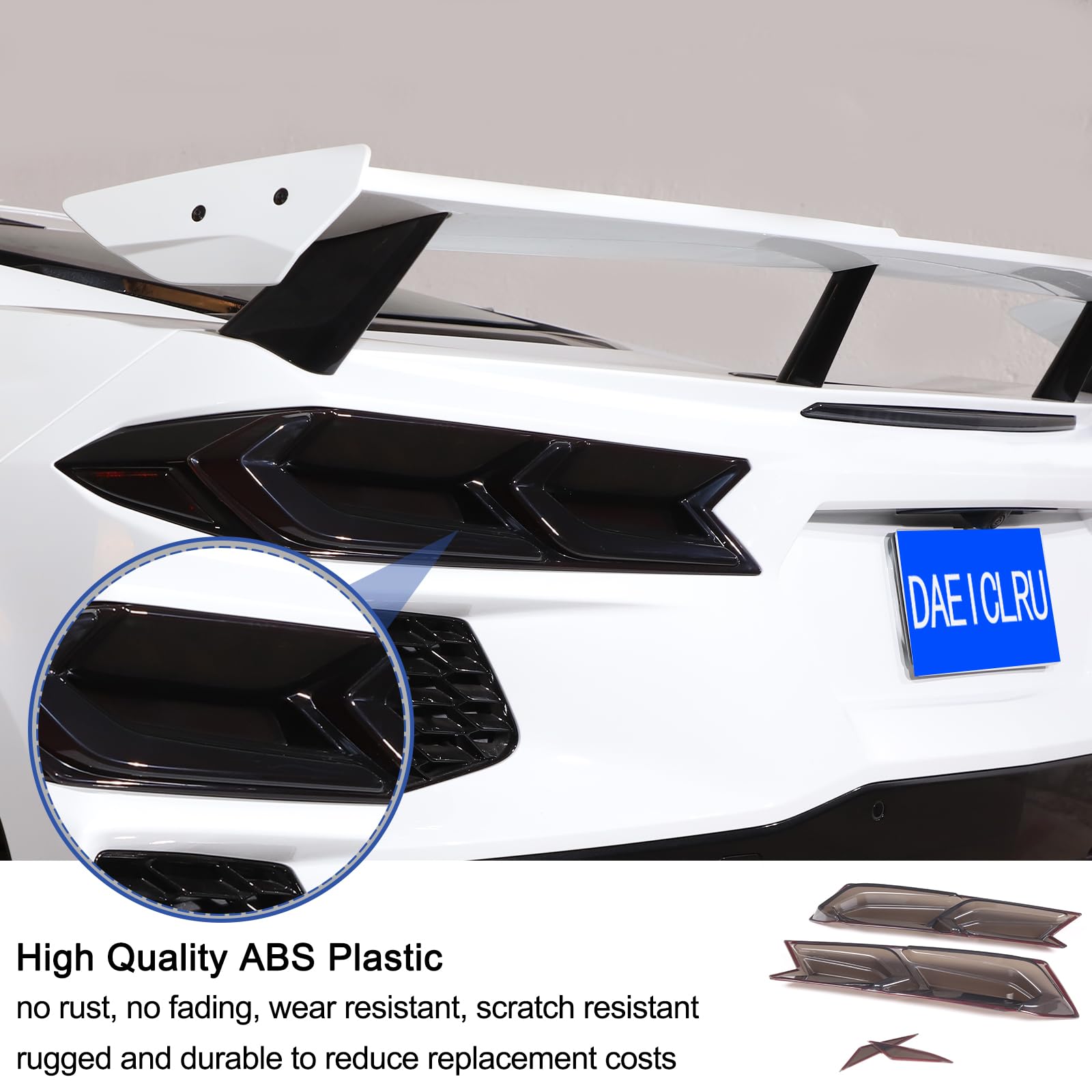 Daeiclru Corvette C8 smoked taillight cover close-up for shine and visibility.