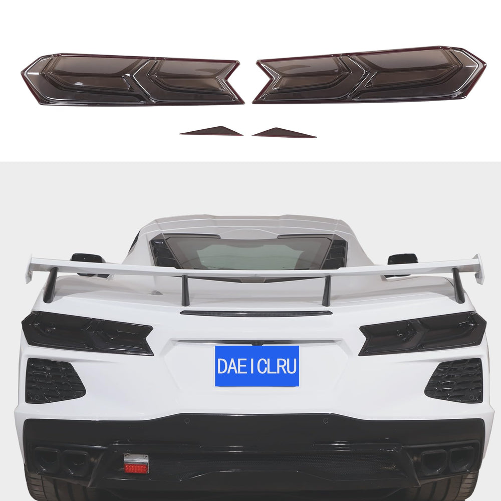 Daeiclru Corvette C8 smoked tail light cover close-up with durable ABS finish.