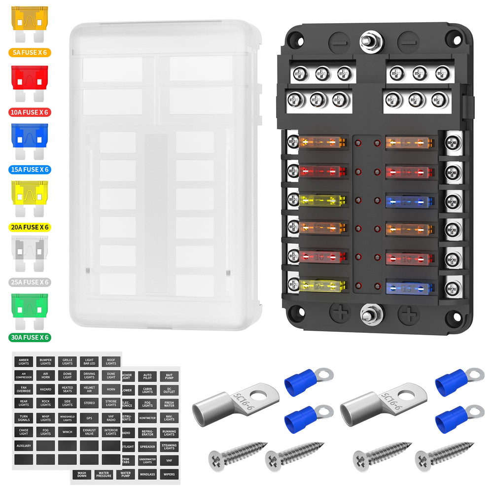 DAIERTEK 12-way fuse block with LED indicator shows blown fuses at a glance.