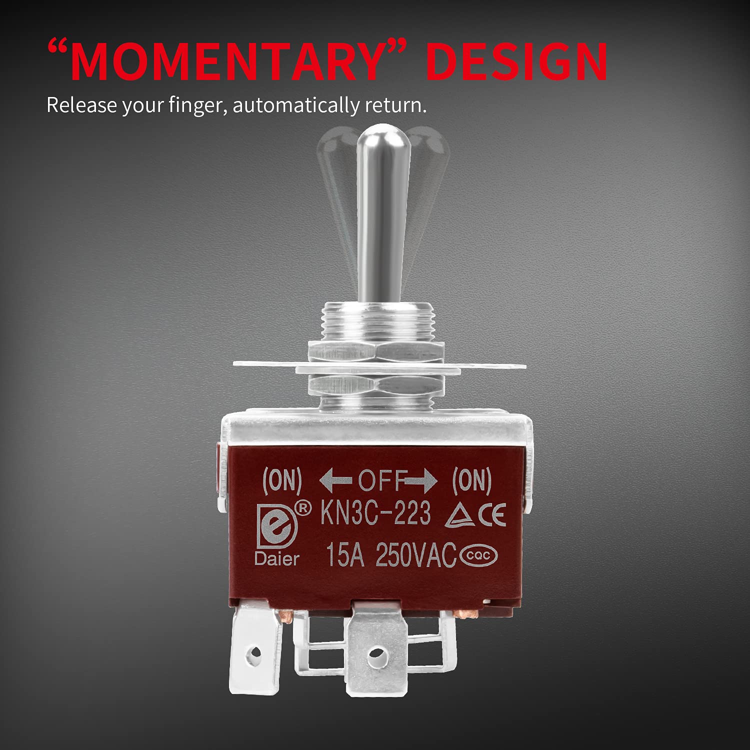 DaierTek momentary toggle image demonstrates ON-OFF-ON action for precise control
