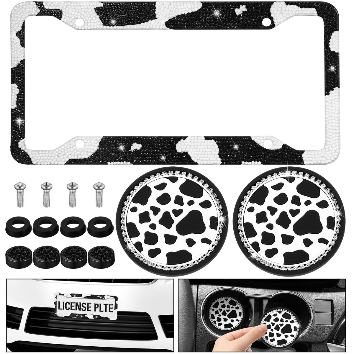 DaisyInner rhinestone cow-print license plate frame adds luxury sparkle.